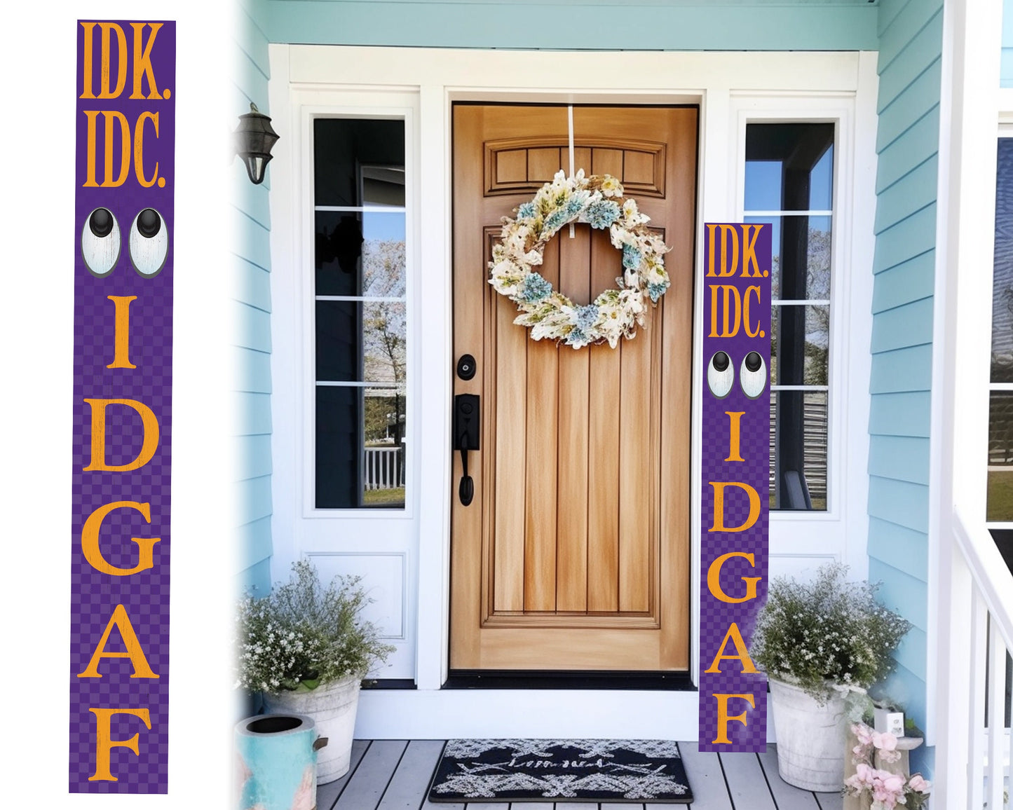 72-Inch Everyday IDK IDC IDGAF Porch Sign | Funny & Humorous Wood Sign | Ideal for Farmhouse Outdoor Entryway, Front Door Wall | Purple