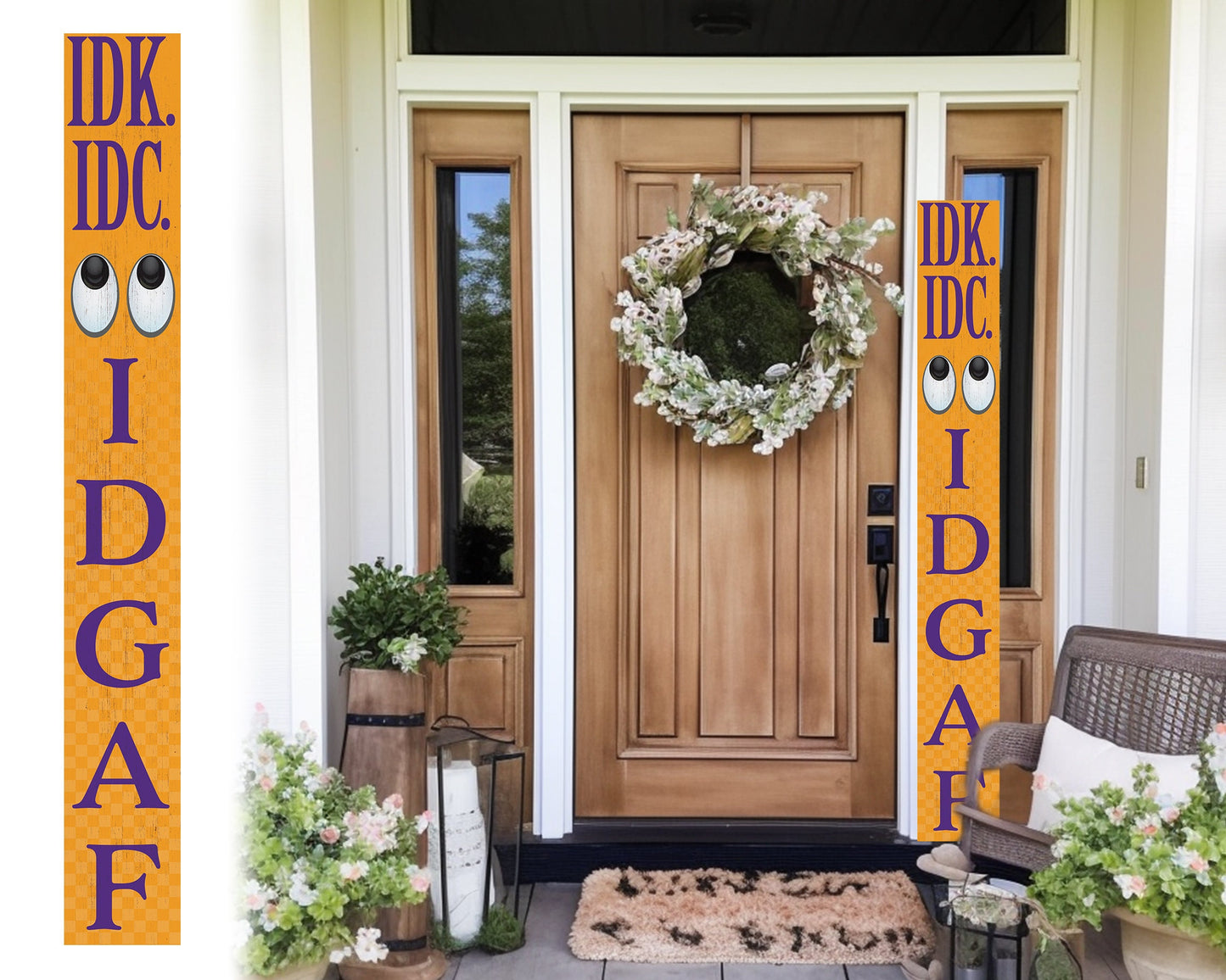 72-Inch Everyday IDK IDC IDGAF Porch Sign | Funny & Humorous Wood Sign | Ideal for Farmhouse Outdoor Entryway, Front Door Wall | Gold