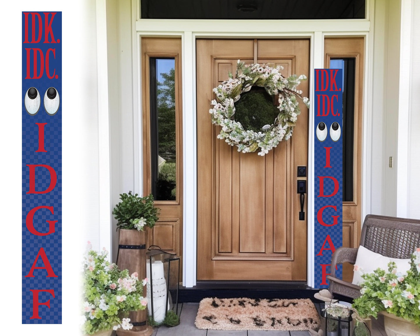 72-Inch Everyday IDK IDC IDGAF Porch Sign | Funny & Humorous Wood Sign | Ideal for Farmhouse Outdoor Entryway, Front Door Wall | Blue