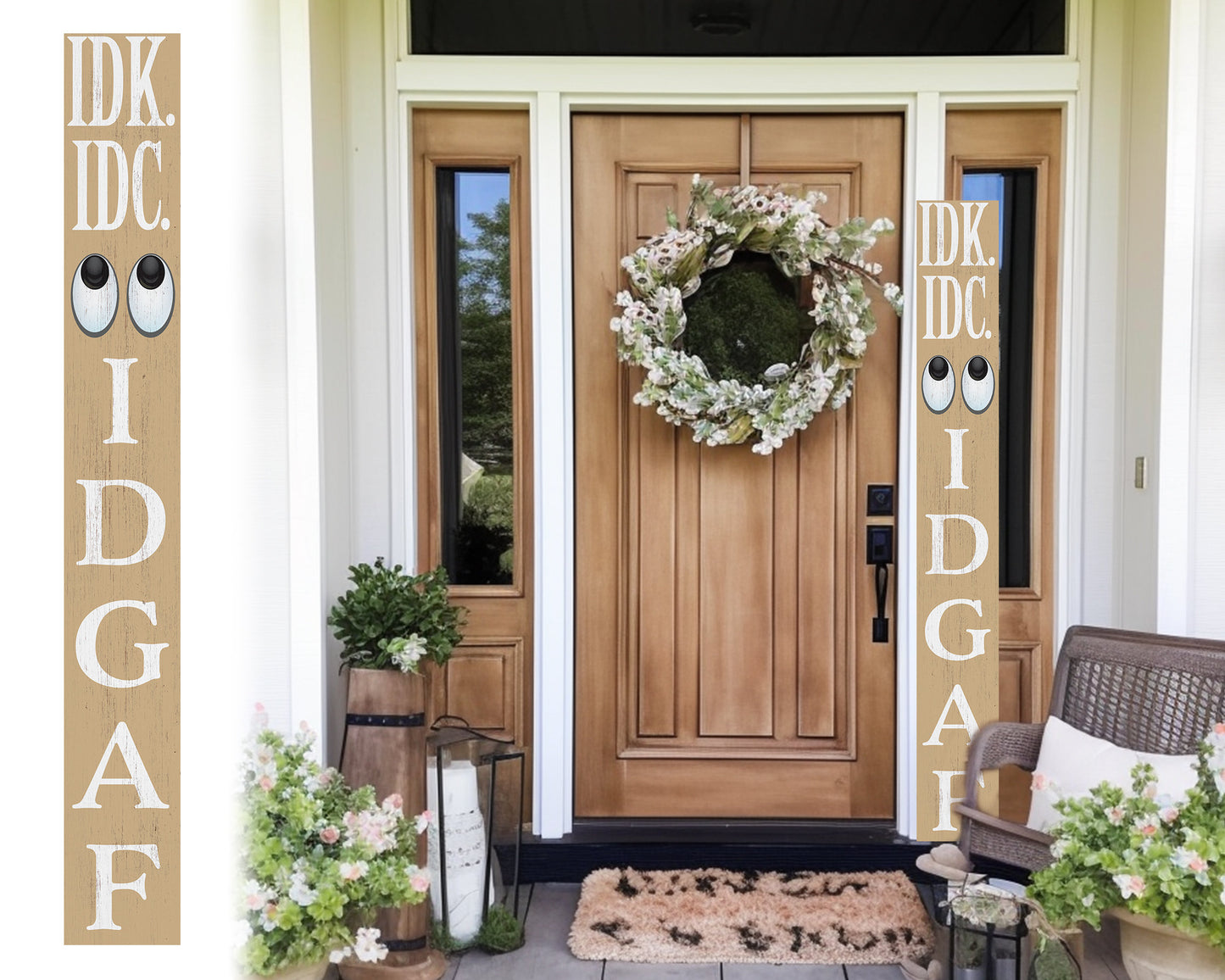 72-Inch Everyday IDK IDC IDGAF Porch Sign | Funny & Humorous Wood Sign | Ideal for Farmhouse Outdoor Entryway, Front Door Wall | Beige