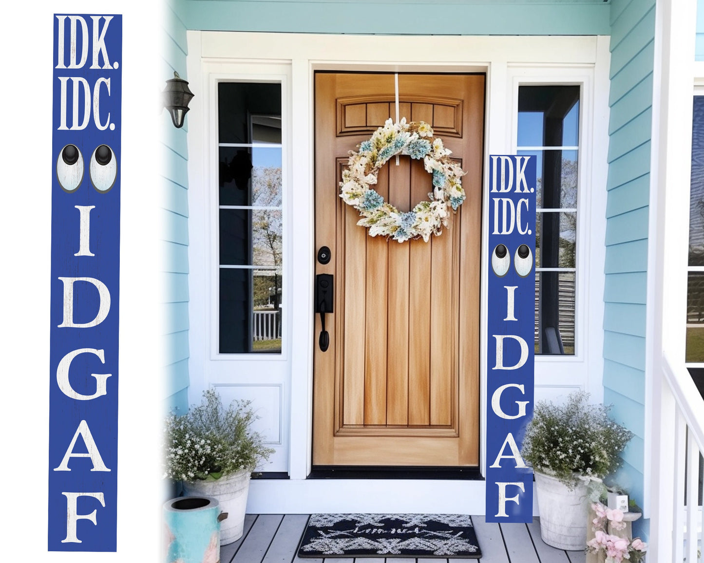 72-Inch Everyday IDK IDC IDGAF Porch Sign | Funny & Humorous Wood Sign | Ideal for Farmhouse Outdoor Entryway, Front Door Wall | Navy
