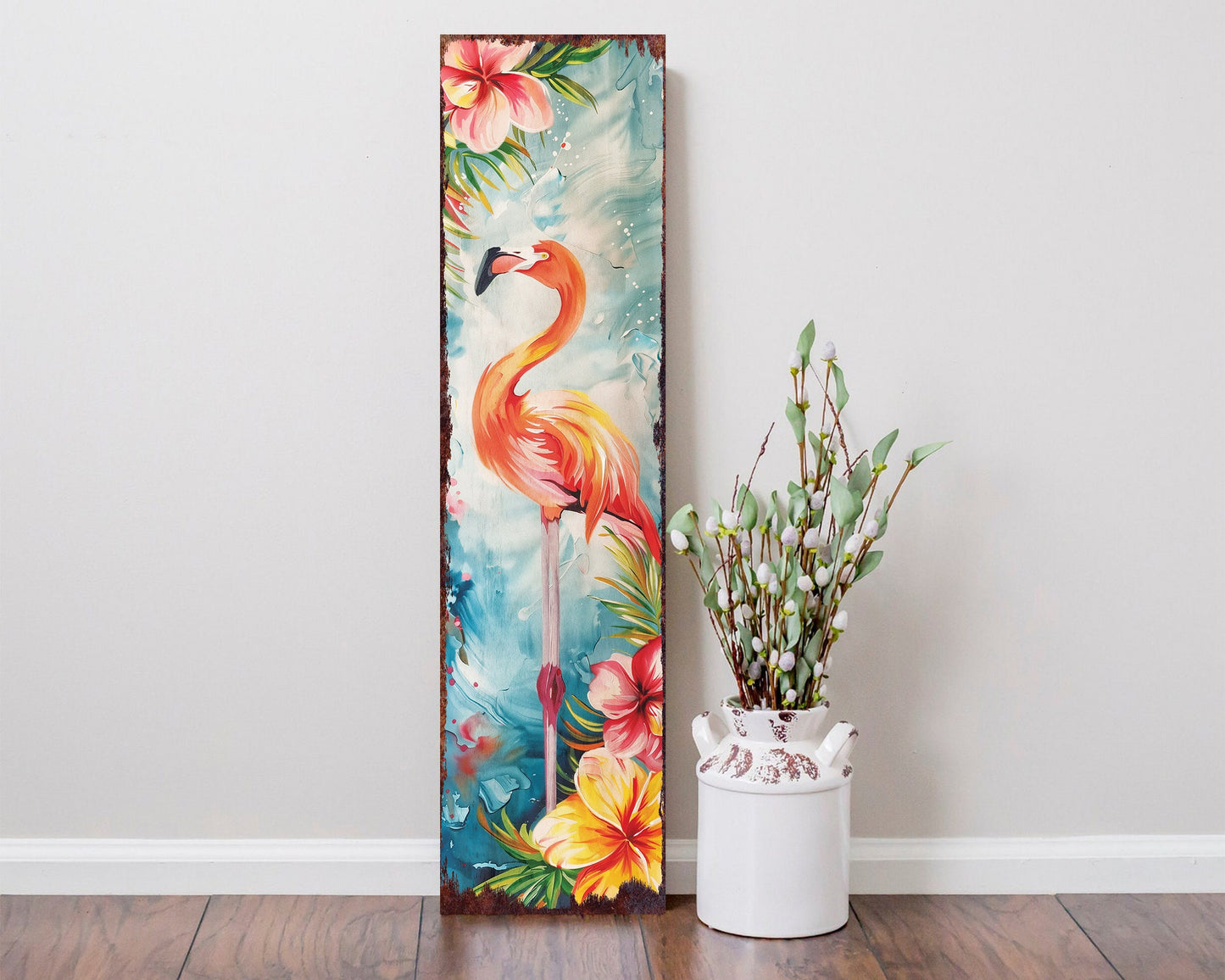 36in Summer Watercolor Flamingo Porch Sign - Farmhouse Decor for Door, Wall, Outdoor Entryway - UV Protected & Sealed