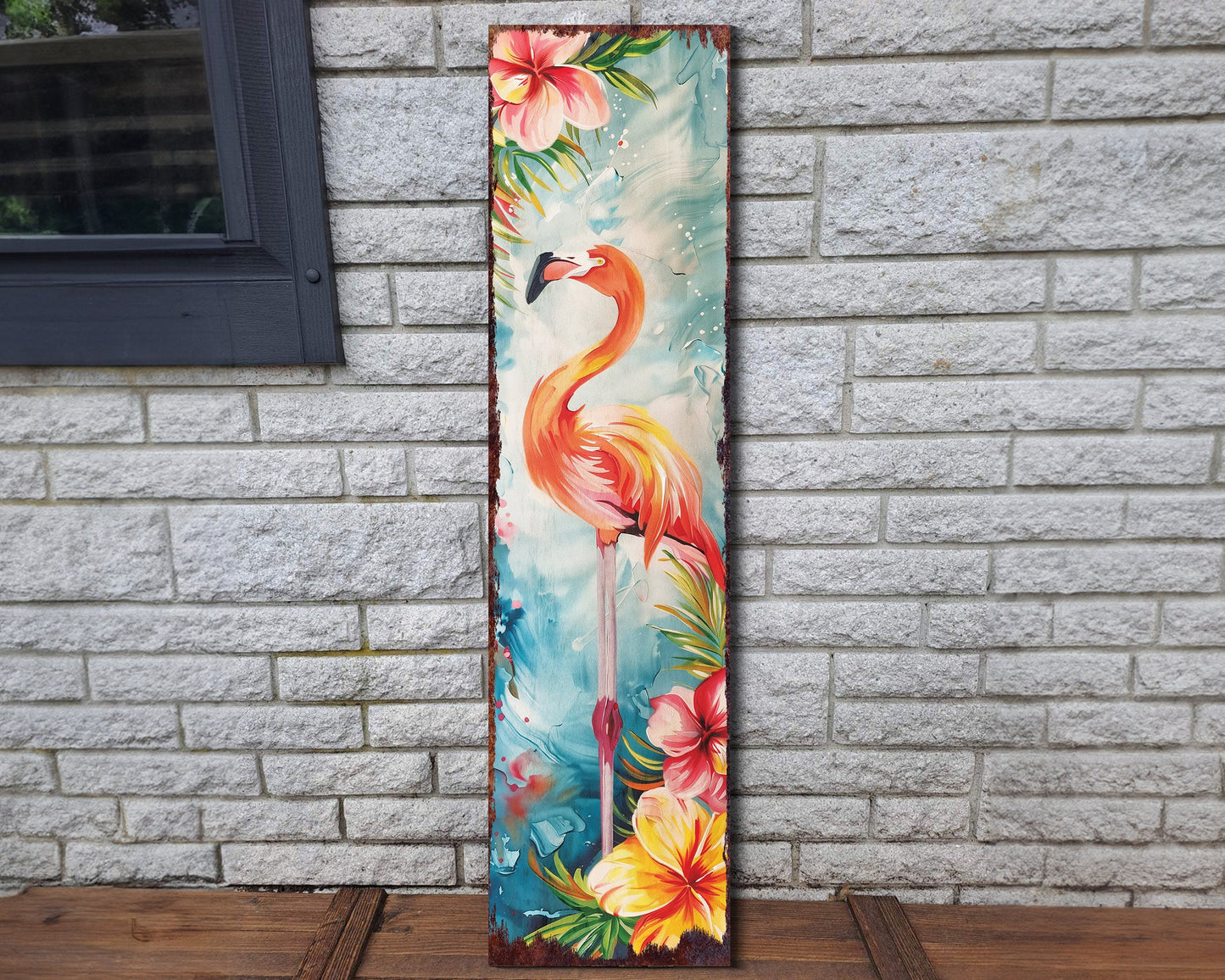 36in Summer Watercolor Flamingo Porch Sign - Farmhouse Decor for Door, Wall, Outdoor Entryway - UV Protected & Sealed
