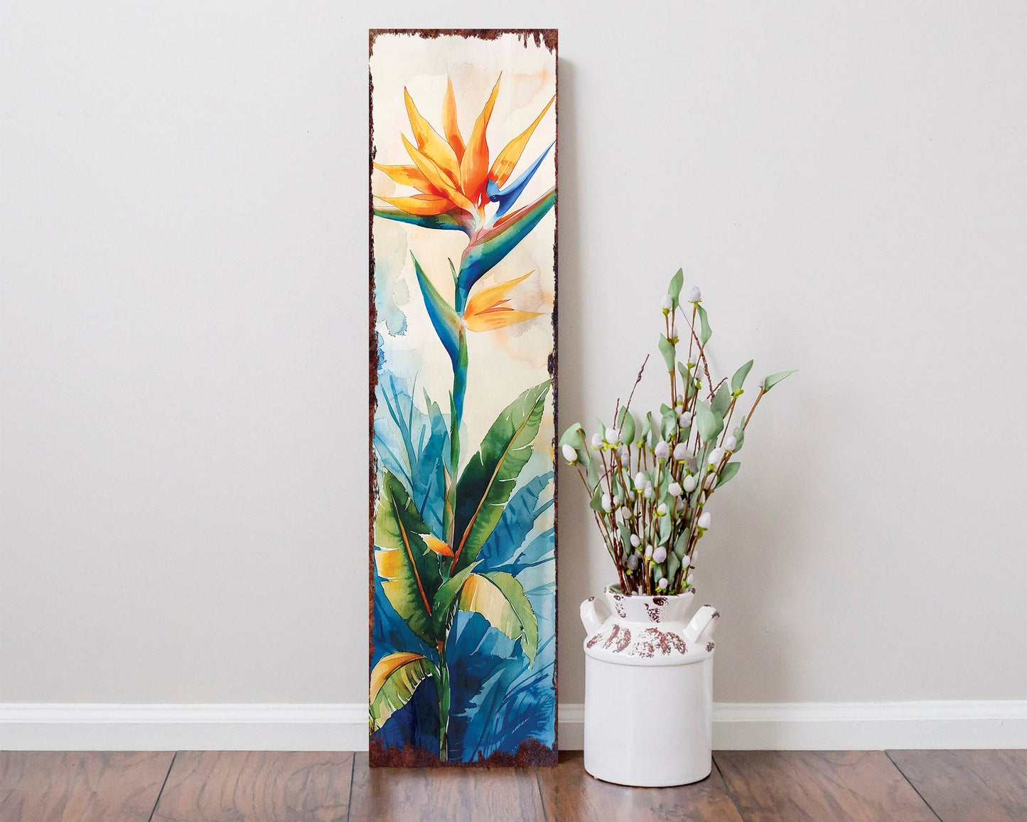 36in Summer Watercolor Bird of Paradise Flower Porch Sign - Farmhouse Rustic Decor for Door, Wall, Outdoor Entryway - UV Protected & Sealed