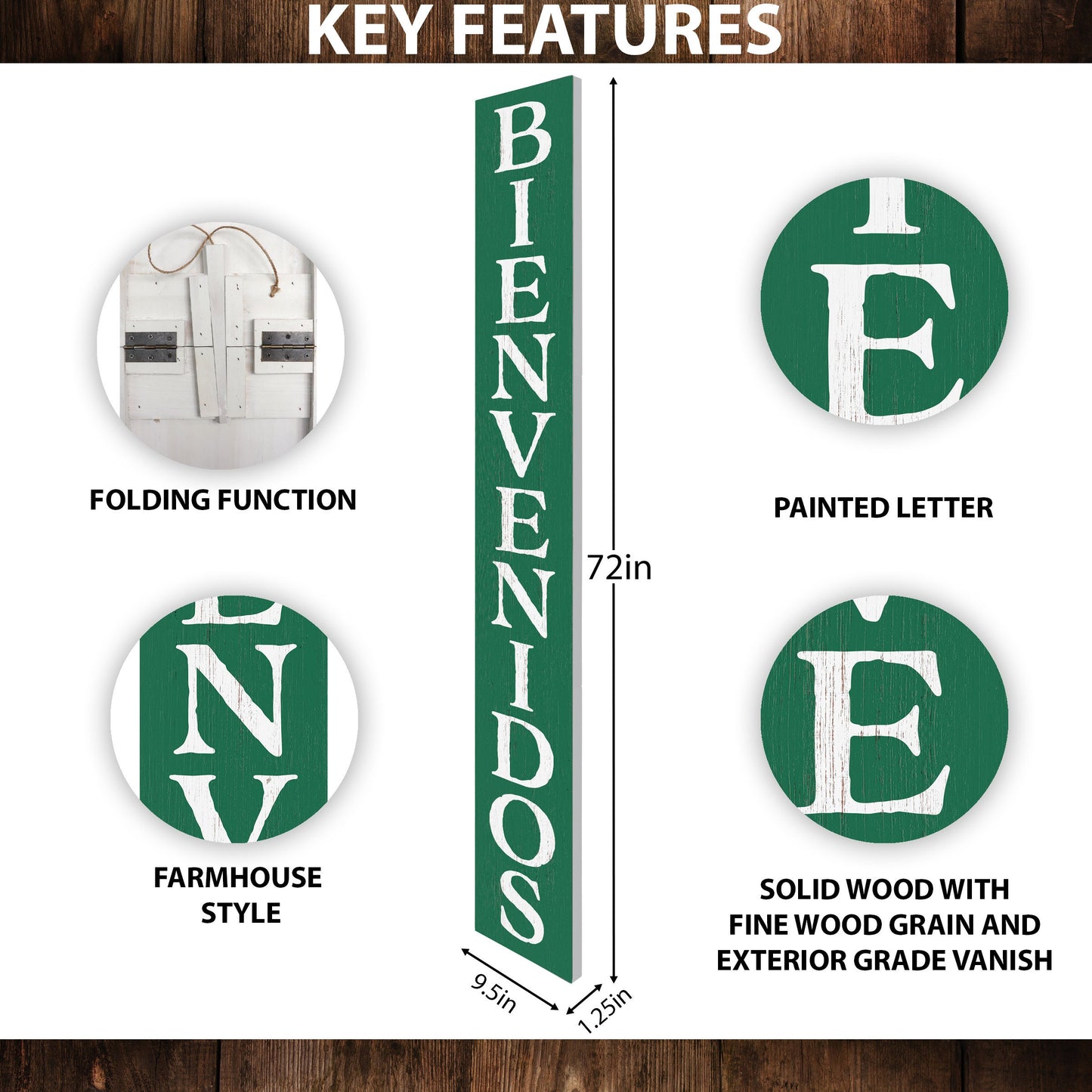 72in Green Bienvenido Porch Sign - UV Protected, Sealed, Foldable, Portable - Perfect for Front Door and Entryway Decor