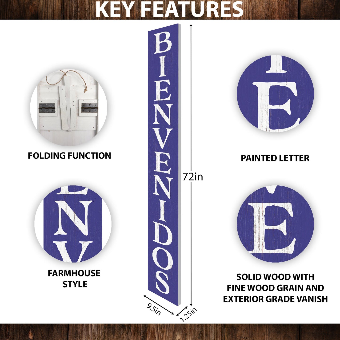 72in Violet Bienvenido Porch Sign - UV Protected, Sealed, Foldable, Portable - Perfect for Front Door and Entryway Decor