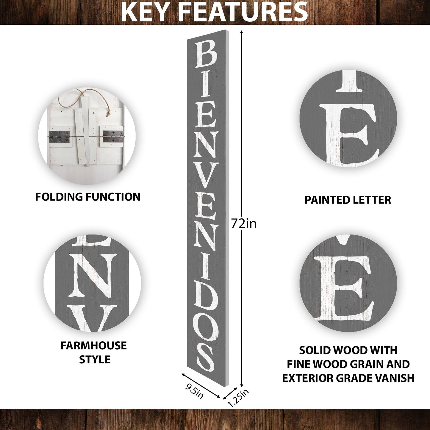 72in Gray Bienvenido Porch Sign - UV Protected, Sealed, Foldable, Portable - Perfect for Front Door and Entryway Decor