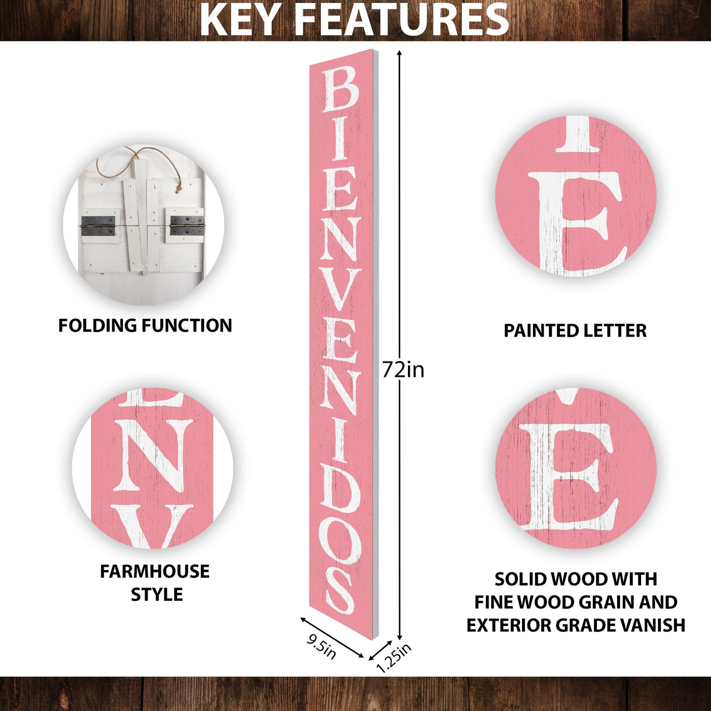72in Pink Bienvenido Porch Sign - UV Protected, Sealed, Foldable, Portable - Perfect for Front Door and Entryway Decor
