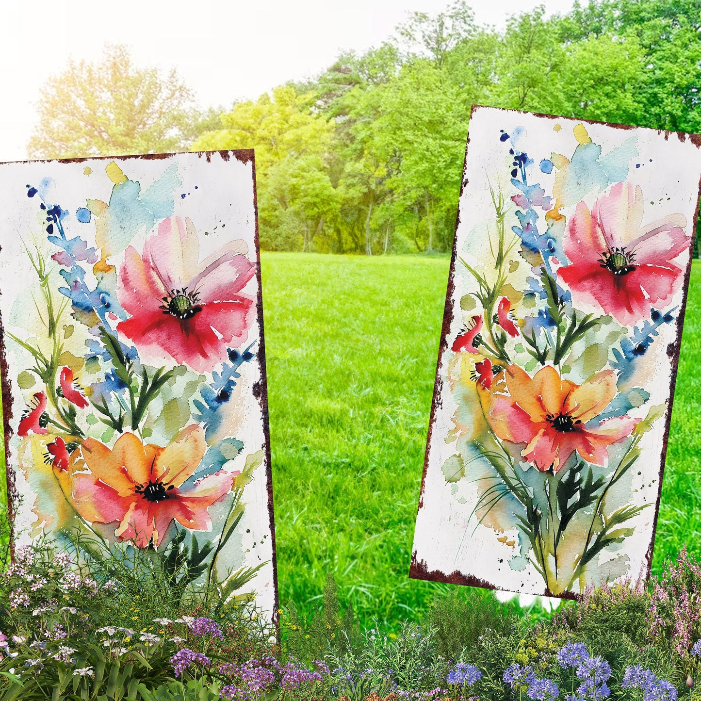 30in Spring Garden Stake | Watercolor Wildflower Decor | Ideal for Outdoor Decor and Yard Sign, Garden Decorative