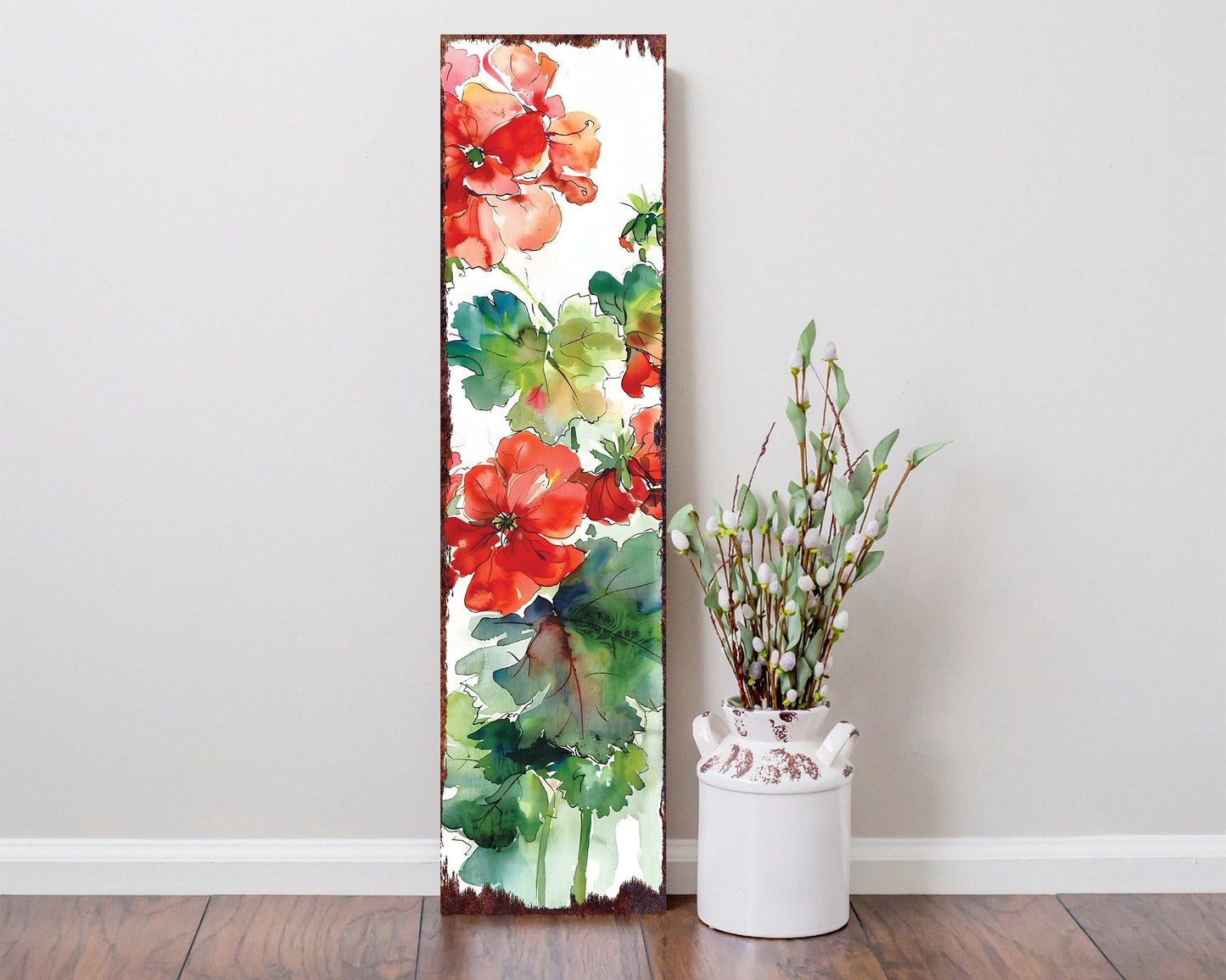 36in Summer-Themed Red Geranium Wooden Porch Sign - Rustic Farmhouse Decor for Door, Wall, Outdoor Entryway