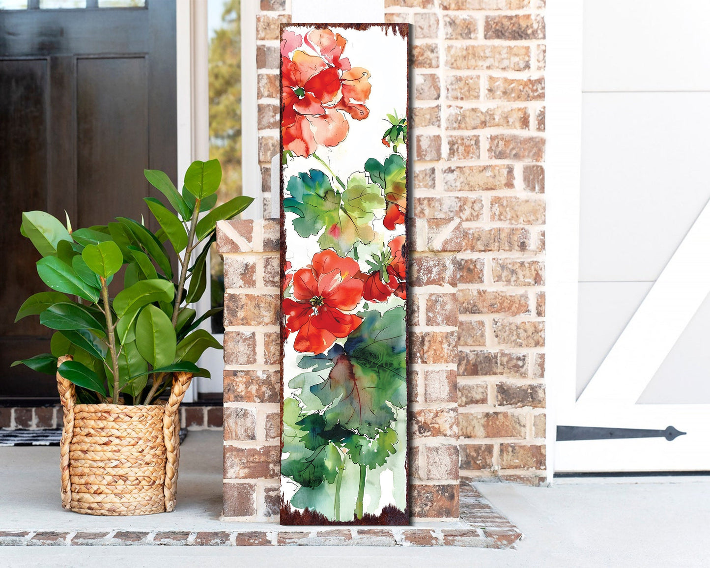 36in Summer-Themed Red Geranium Wooden Porch Sign - Rustic Farmhouse Decor for Door, Wall, Outdoor Entryway