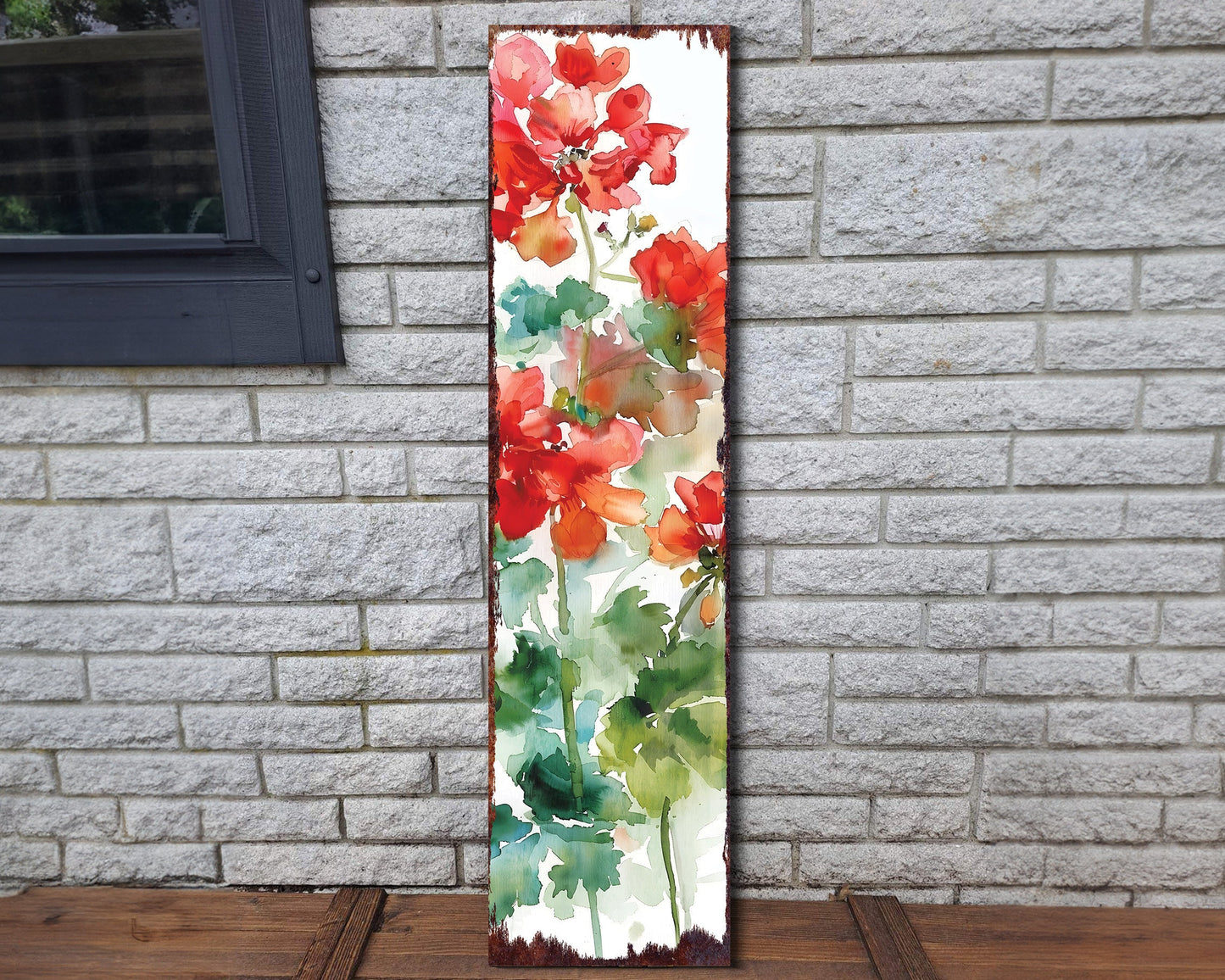 36in Summer Red Geraniums Wooden Porch Sign - Rustic Farmhouse Decor for Door, Wall, Outdoor Entryway Decor