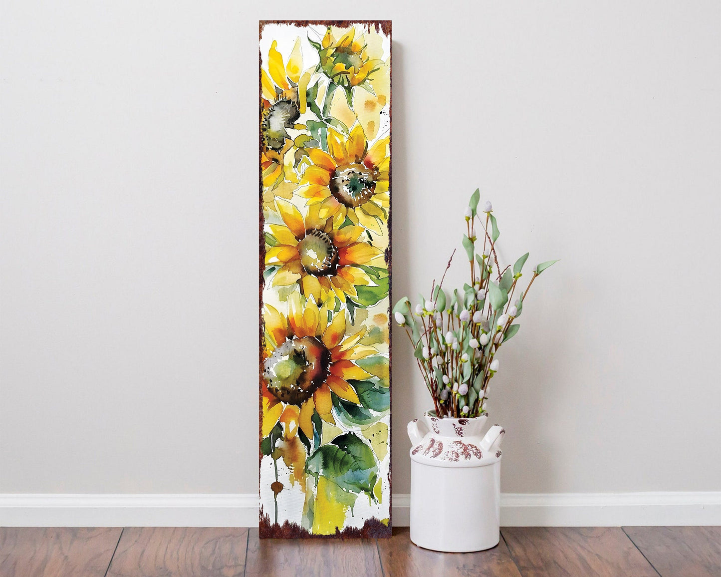 36-Inch Summer Watercolor Sunflower Wooden Porch Sign | Rustic Farmhouse Decor for Front Door, Wall, Outdoor Entryway Display