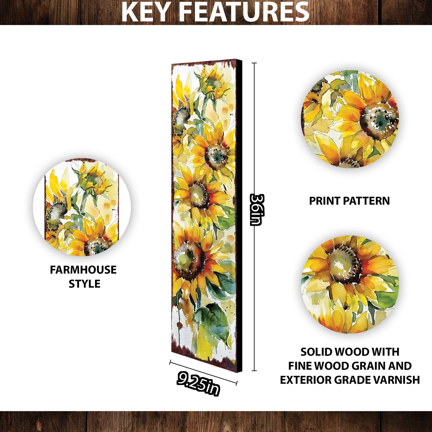 36-Inch Summer Watercolor Sunflower Wooden Porch Sign | Rustic Farmhouse Decor for Front Door, Wall, Outdoor Entryway Display