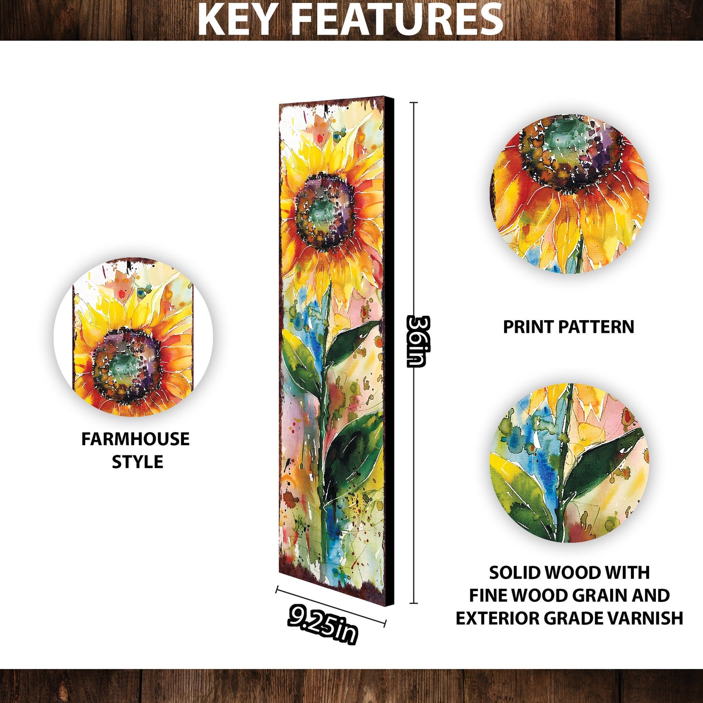36in Summer Watercolor Sunflower Wooden Porch Sign | Rustic Farmhouse Decor for Front Door, Wall, Outdoor Entryway Display