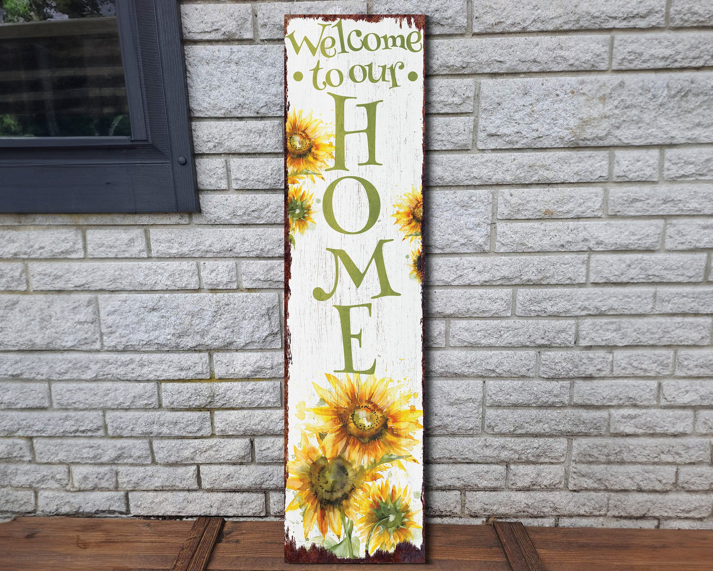 36-Inch "Welcome to Our Home" Sunflower Porch Sign | Summer Watercolor Design | Rustic Farmhouse Decor for Door, Wall, Entryway