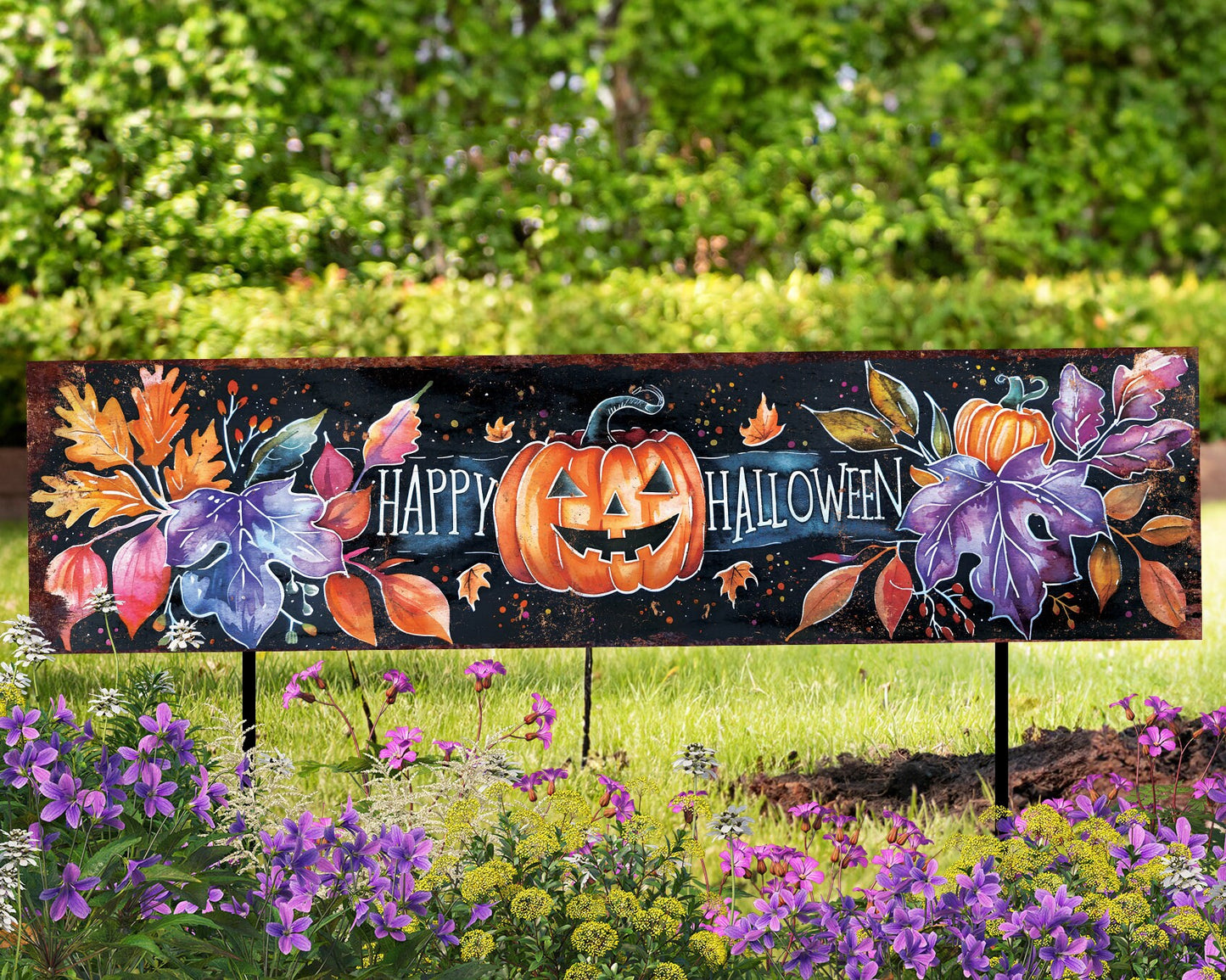36in Happy Halloween Garden Stake - Perfect for Outdoor Decor, Yard Art, Halloween Garden Decorations - Watercolor Style Pumpkin