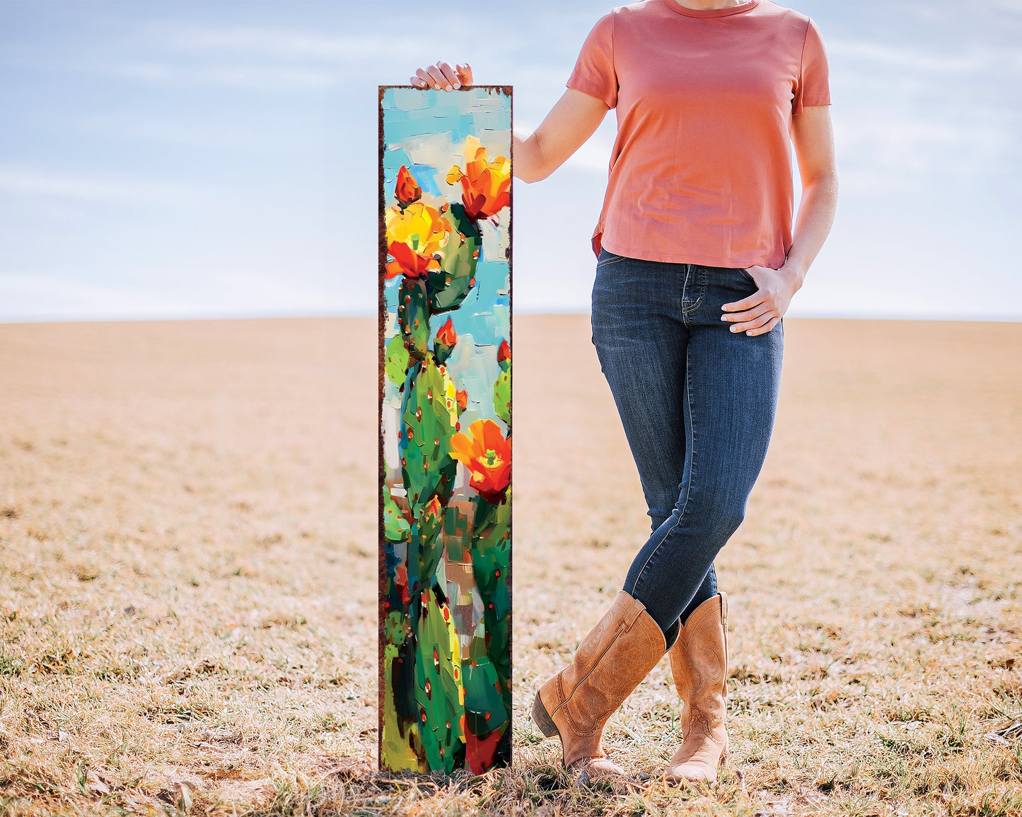 48in Summer Cactus Porch Sign - Rustic Farmhouse Decor - Oil Paint Style - Perfect for Door, Wall, Outdoor Entryway - UV Protected, Sealed