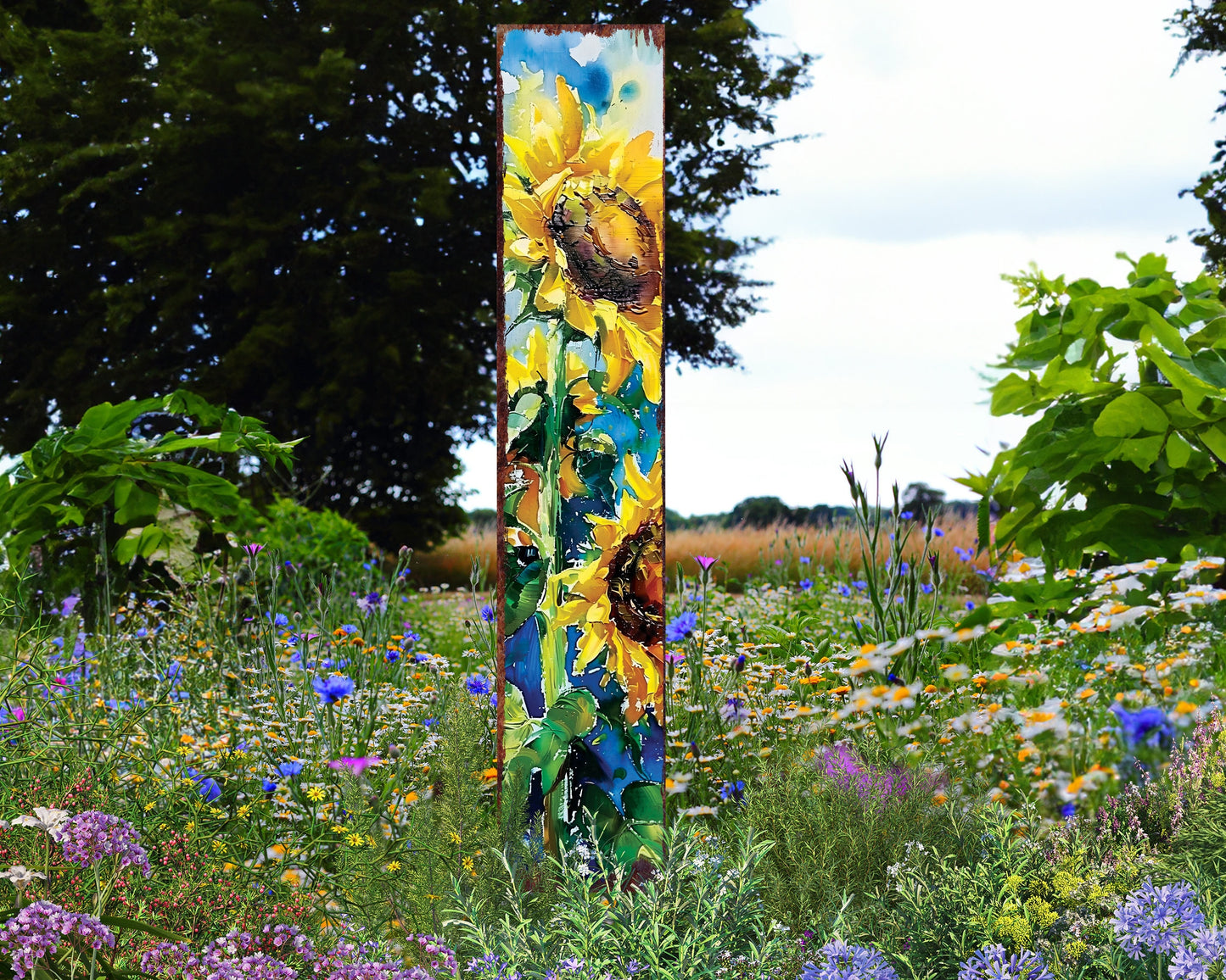 42in Summer Garden Stake - Oil Paint Style Sunflowers Decor - Ideal for Outdoor, Yard, and Garden Decorations