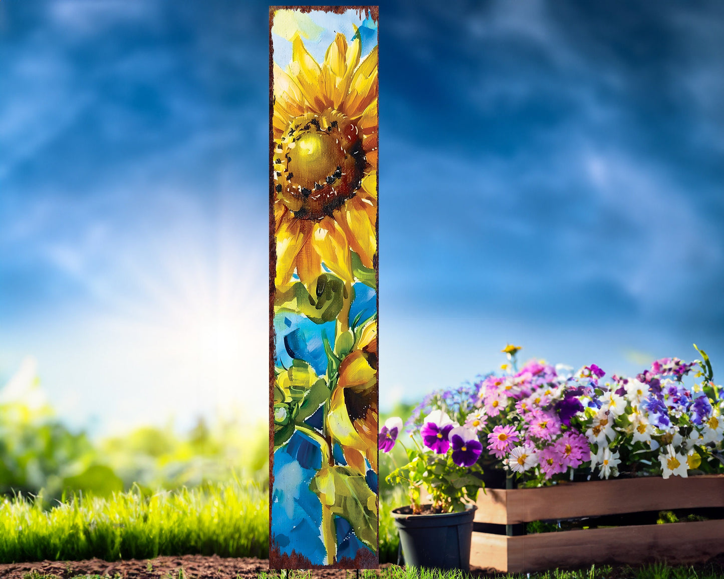 42in Summer Garden Stake | Oil Paint Style Sunflower Decor - Ideal for Outdoor, Yard, and Garden Decor