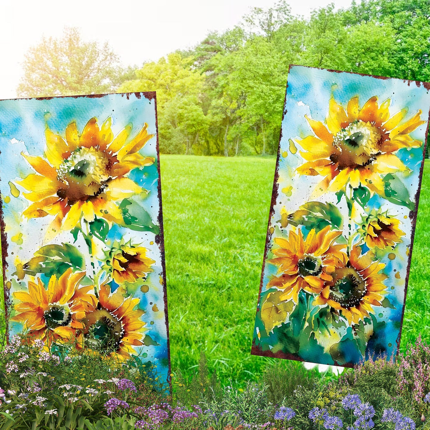 30in Summer Garden Stake - Watercolor Style Sunflower Decor - Made in USA - Ideal for Outdoor, Yard, and Garden Decorations