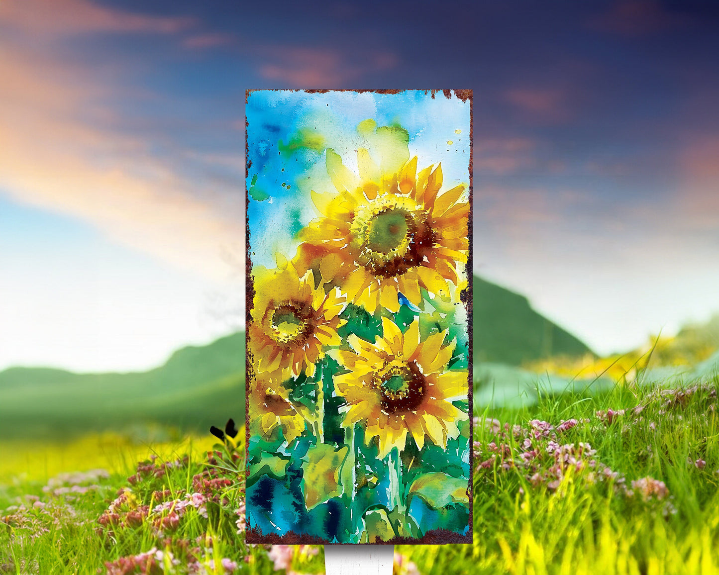 30in Summer Garden Stake | Watercolor Style Sunflower Decor - Made in USA - Ideal for Outdoor, Yard, and Garden Decoration