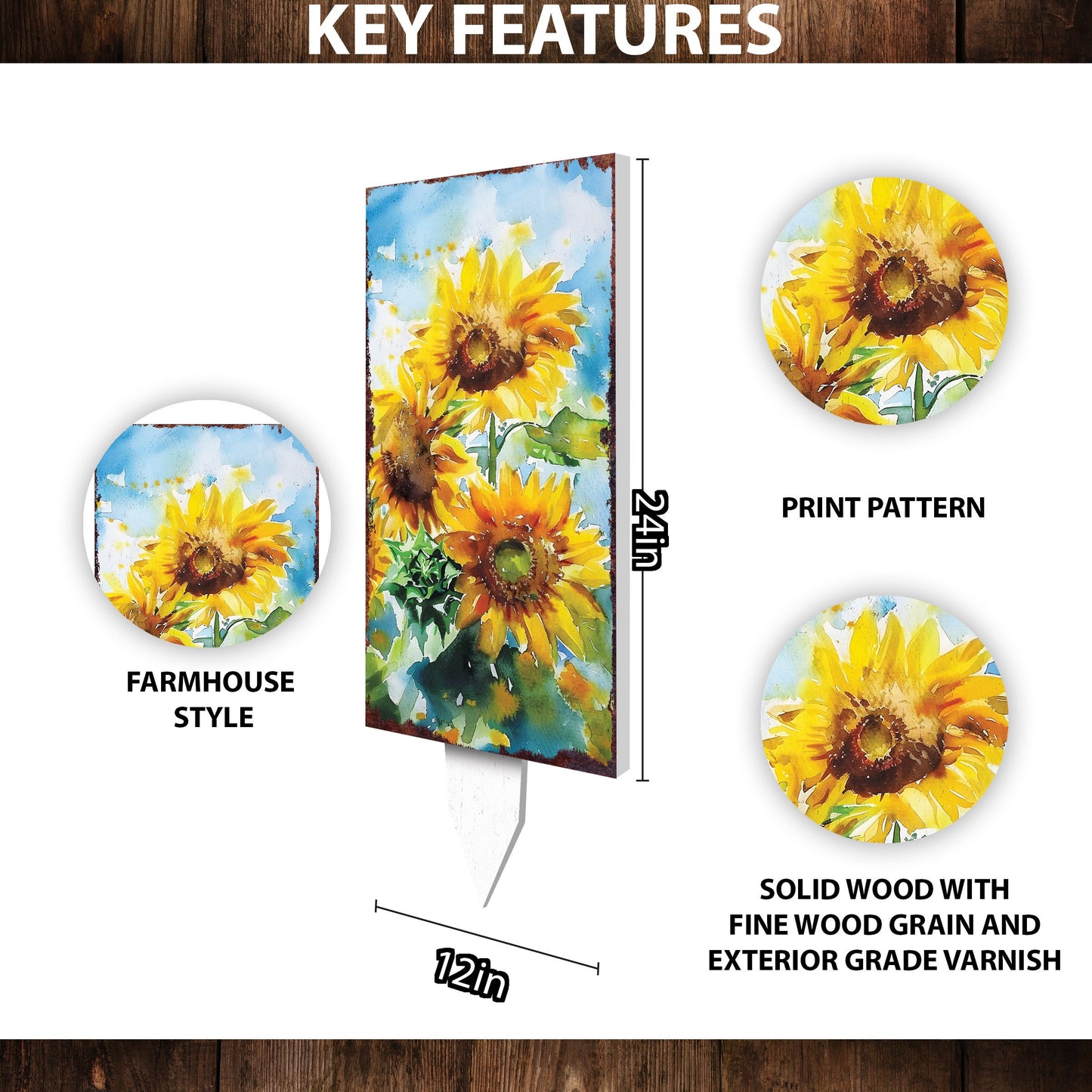 30in Summer Garden Stake | Watercolor Style Sunflowers Decor - Made in USA - Ideal for Outdoor, Yard, and Garden Decor
