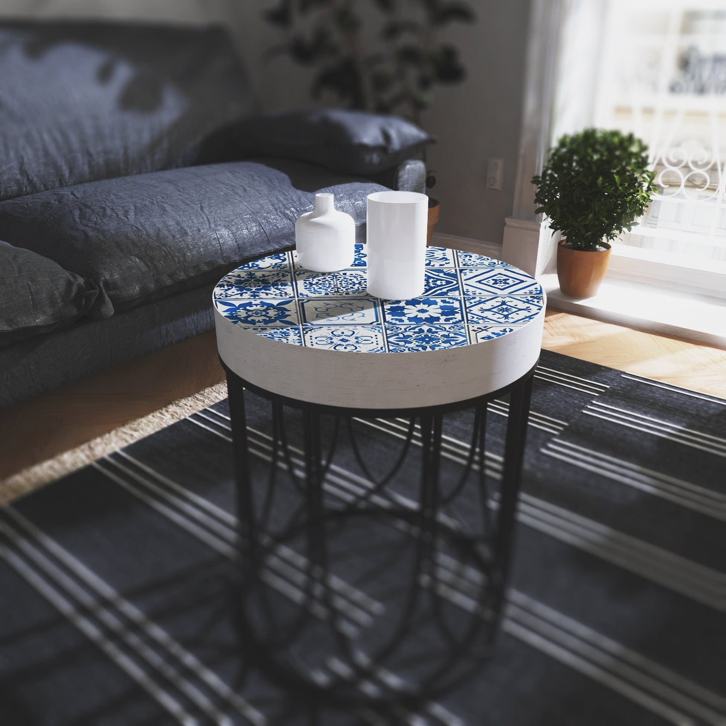 Moroccan Blue Tiles Accent Table - Farmhouse Style Round End Table - Outdoor Side Table 14in Dia 17in High - Wood and Metal Construction