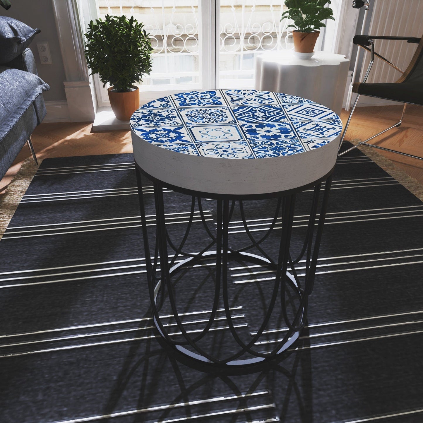 Moroccan Blue Tiles Accent Table - Farmhouse Style Round End Table Side Table 14in Dia 17in High - Wood and Metal Construction