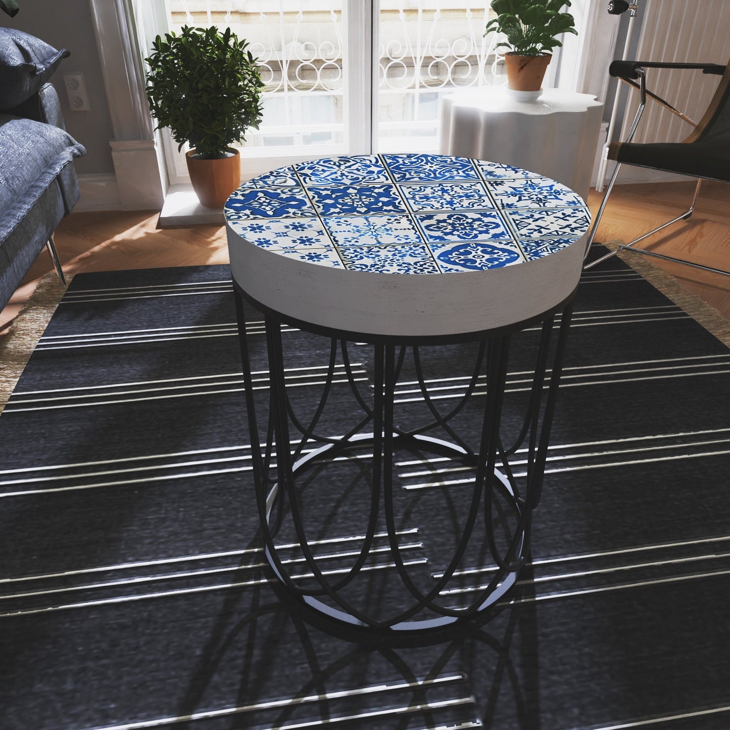 Moroccan Blue Tiles Accent Table | Farmhouse Style Round End Table - Outdoor Side Table 14in Dia 17in High - Wood and Metal Construction