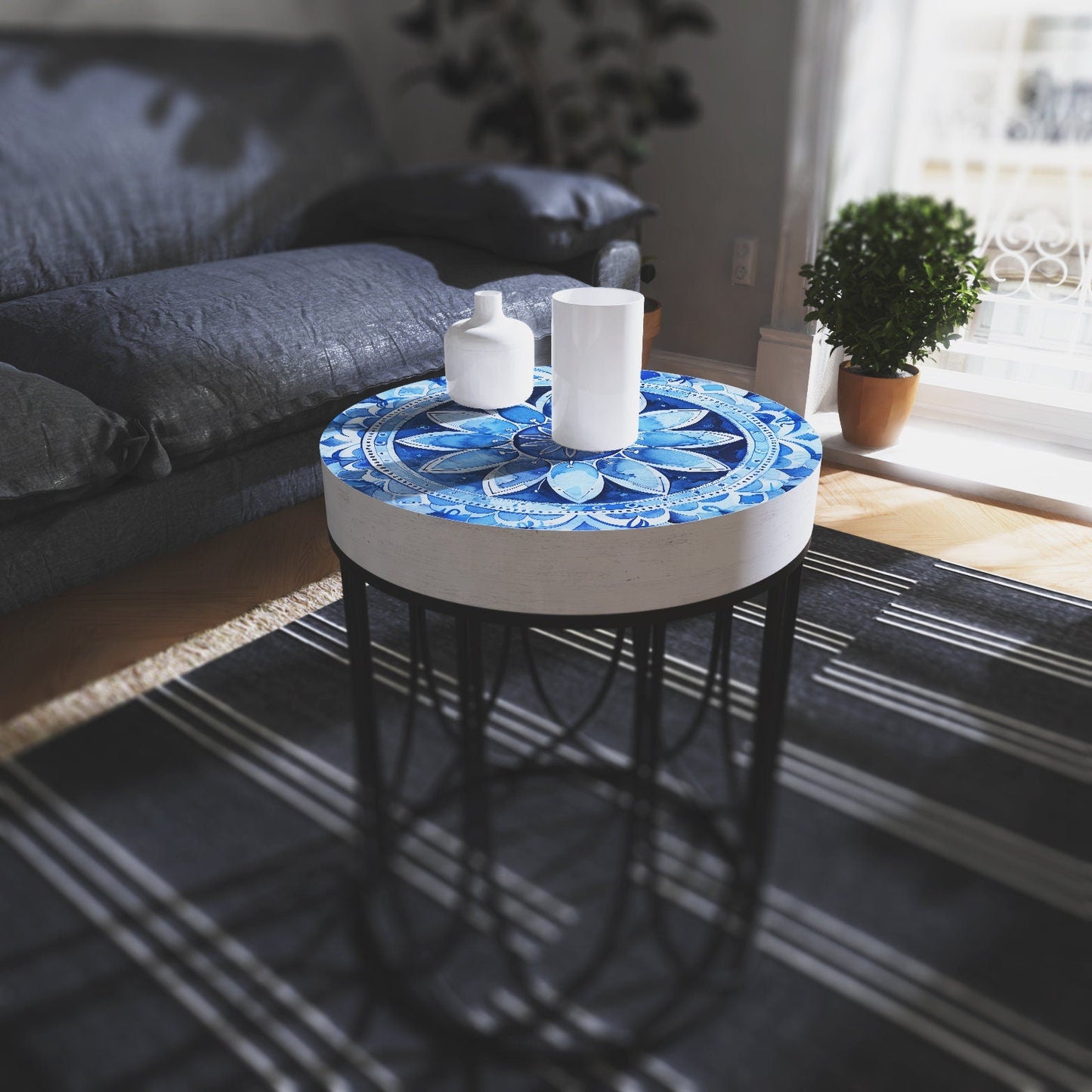 Moroccan Blue Tiles Accent Table | Farmhouse Style Round End Table | Side Table 14in Dia 17in High ï½ Wood and Metal Construction