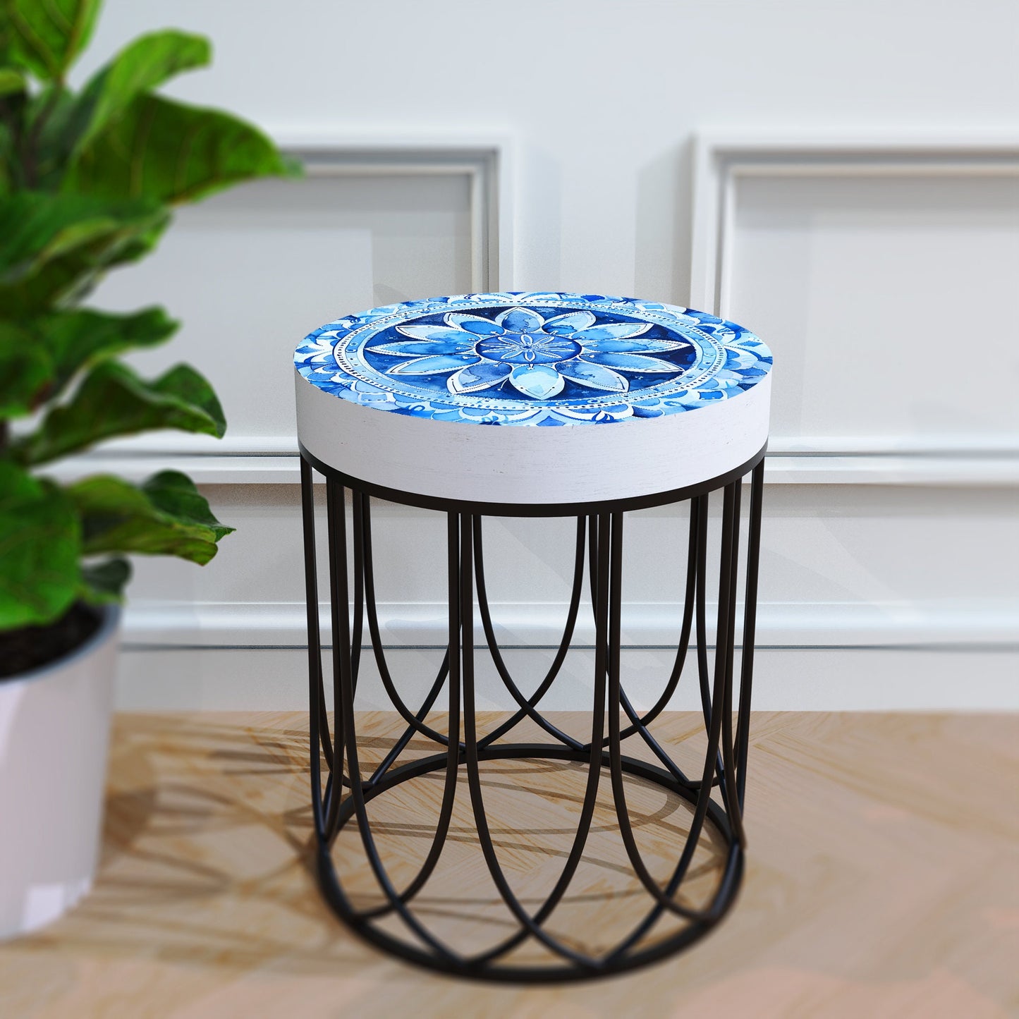 Moroccan Blue Tiles Accent Table | Farmhouse Style Round End Table | Outdoor Side Table 14in Dia 17in High ï½ Wood and Metal Construction