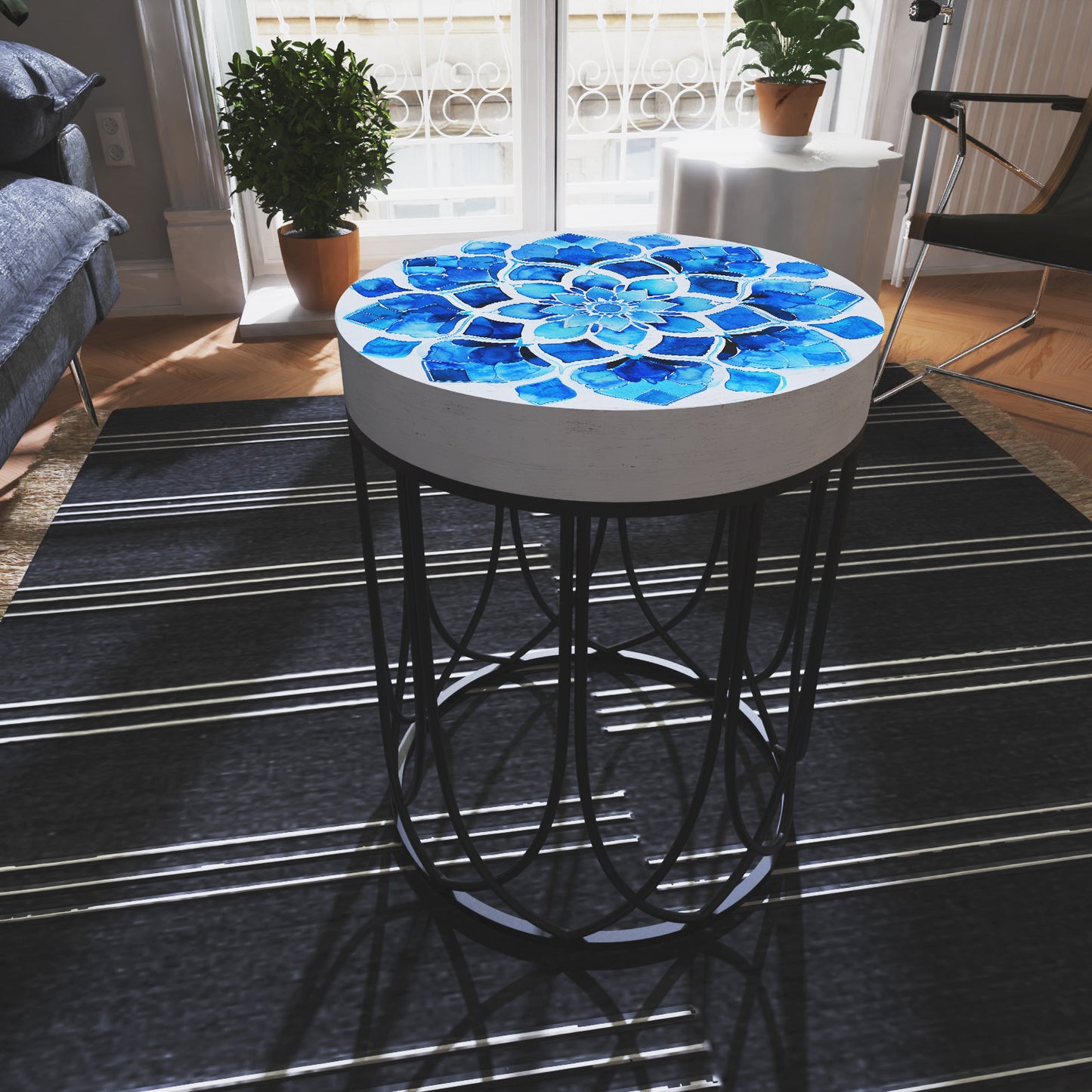Moroccan Blue Tiles Accent Table | Farmhouse Style Round End Table Outdoor Side Table 14in Dia 17in High Wood and Metal Construction