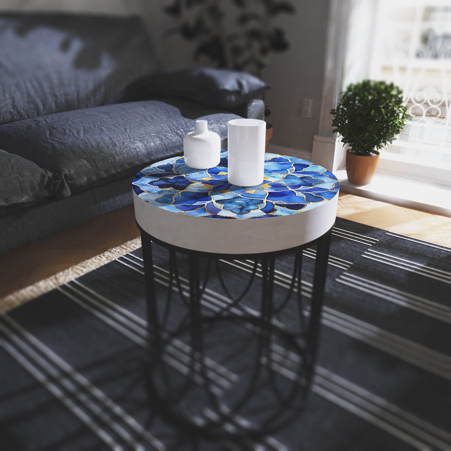 Moroccan Blue Tiles Accent Table Farmhouse Style Round End Table Outdoor Side Table 14in Dia 17in High Wood and Metal Construction