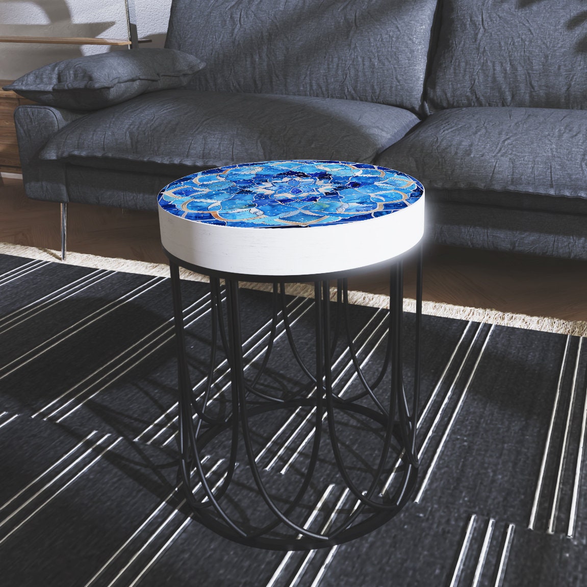 Moroccan Blue Tiles Accent Table _ Farmhouse Style Round End Table Outdoor Side Table 14in Dia 17in High Wood and Metal Construction