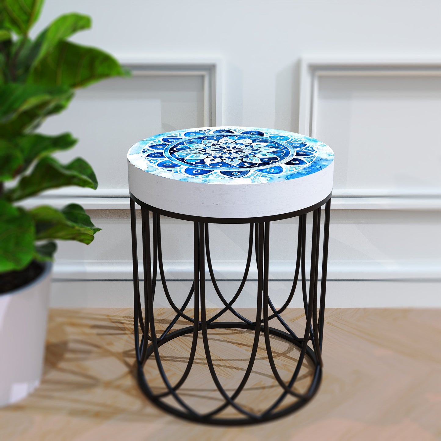 Moroccan Blue Tiles Accent Table _ Farmhouse Style _ Round End Table Outdoor Side Table 14in Dia 17in High Wood and Metal Construction