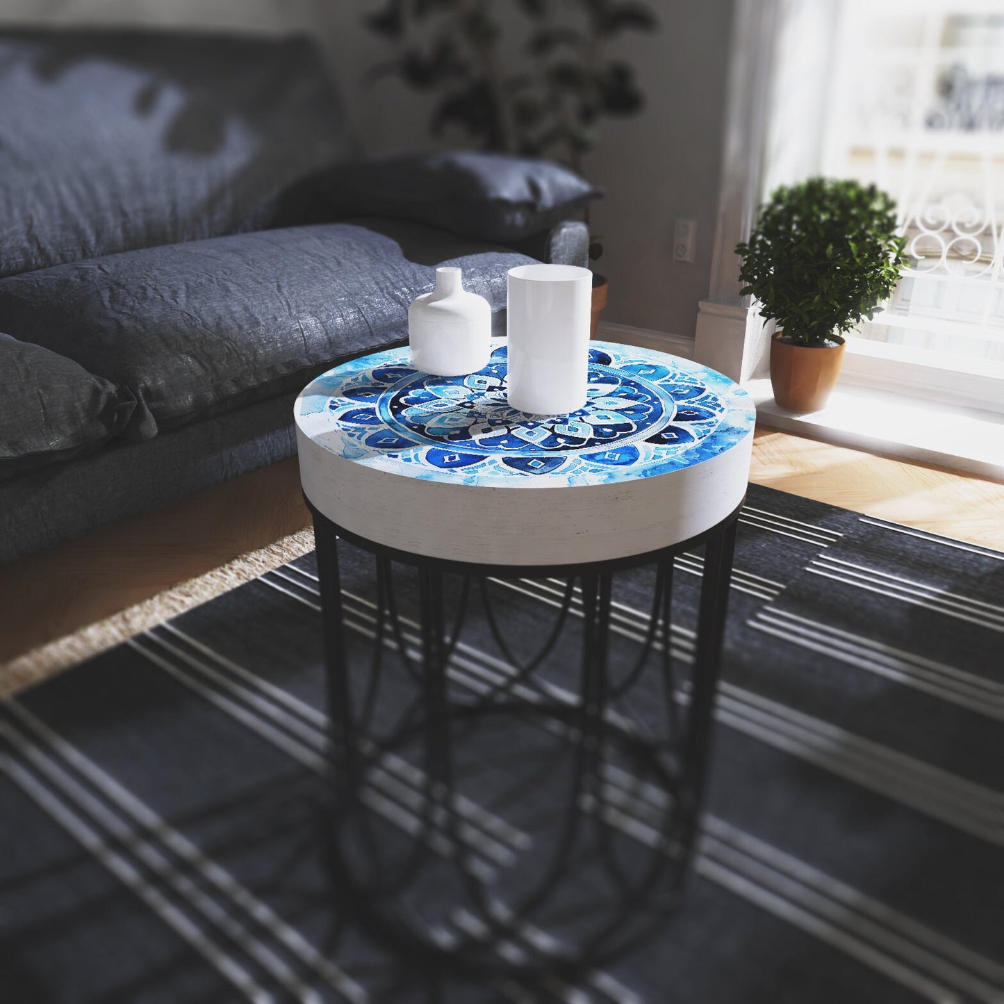 Moroccan Blue Tiles Accent Table _ Farmhouse Style _ Round End Table Outdoor Side Table 14in Dia 17in High Wood and Metal Construction