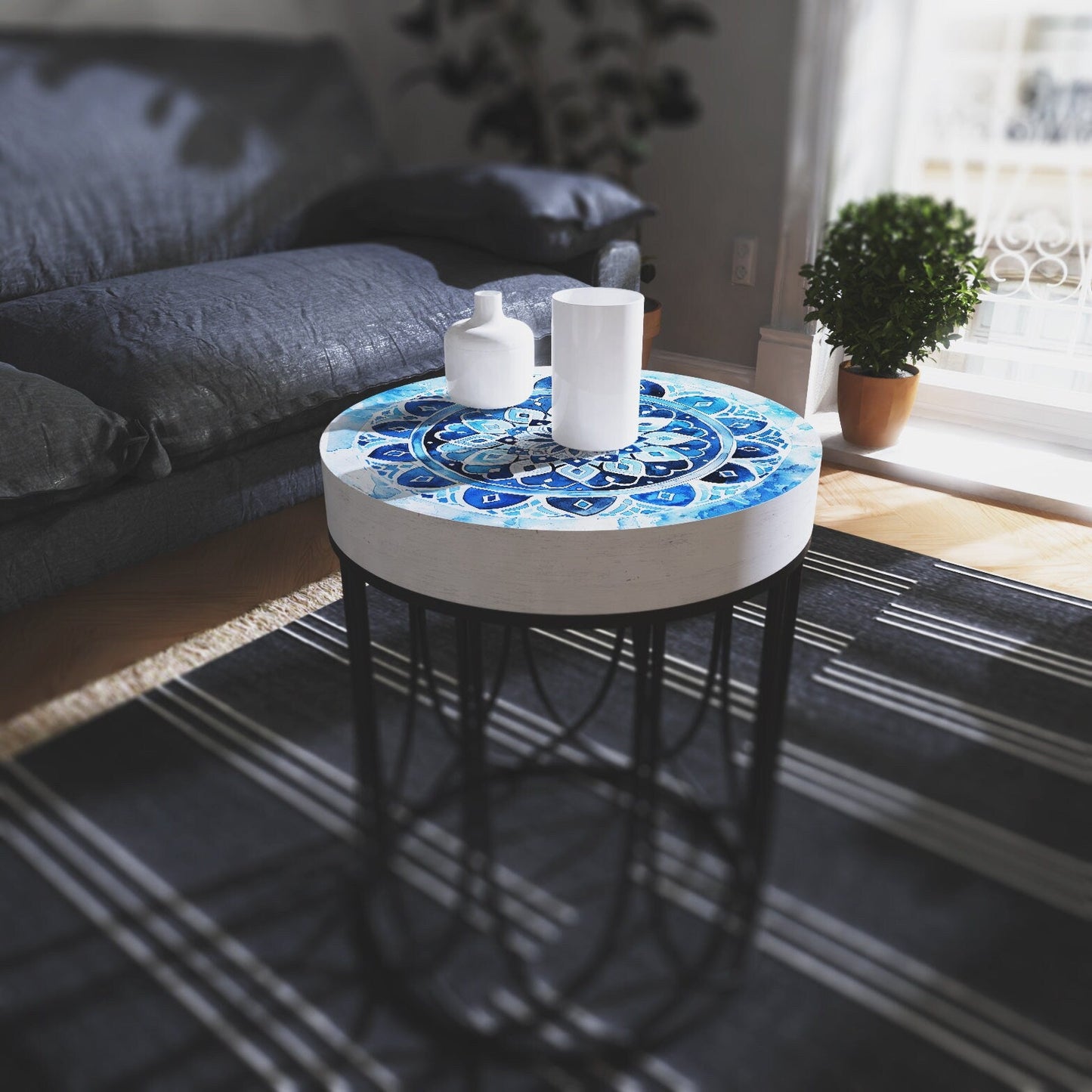 Moroccan Blue Tiles Accent Table _ Farmhouse Style _ Round End Table Side Table 14in Dia 17in High Wood and Metal Construction