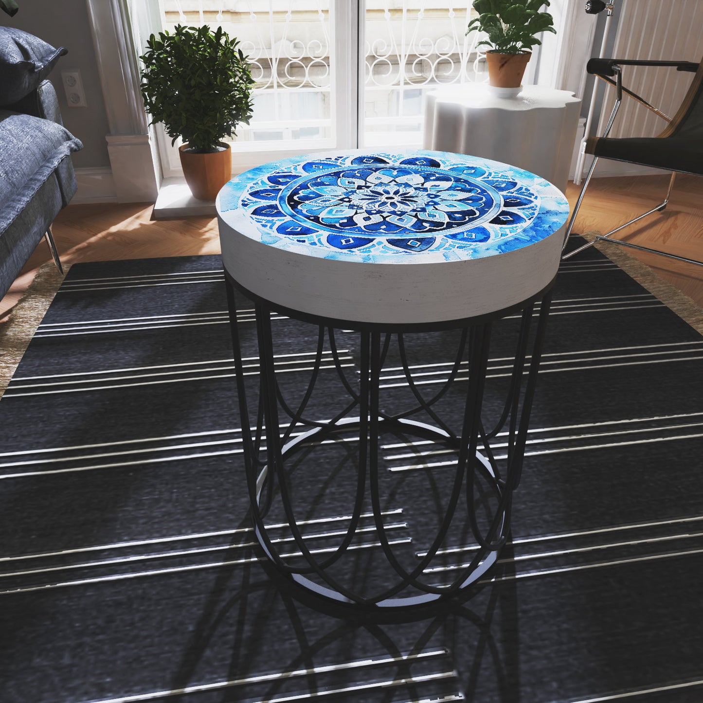 Moroccan Blue Tiles Accent Table _ Farmhouse Style _ Round End Table Outdoor Side Table 14in Dia 17in High Wood and Metal Construction