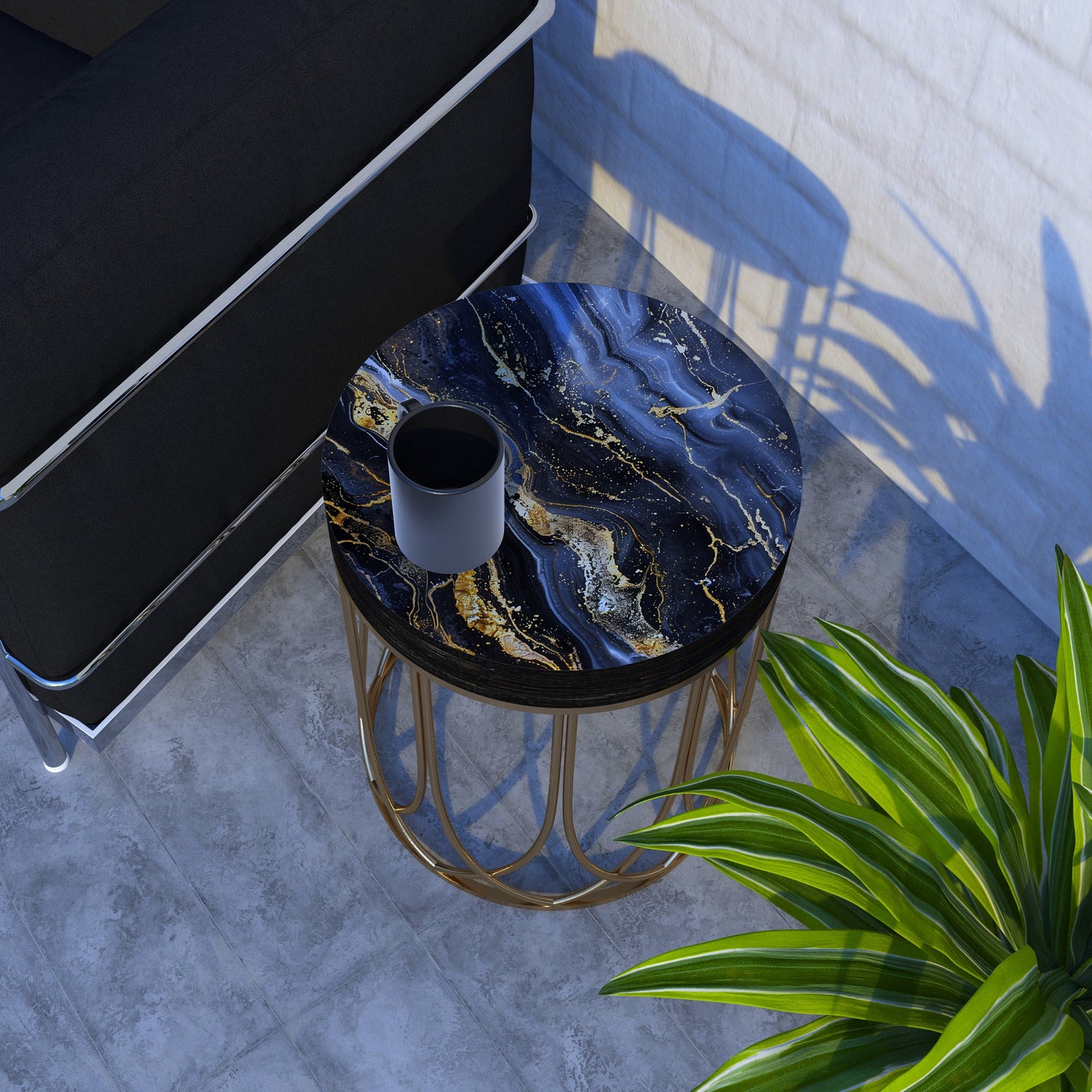Black & Gold Marble Pattern Accent Table | 14_ Diameter, 17_ High, Round End Table, UV Print Side Table, Wood and Metal Construction
