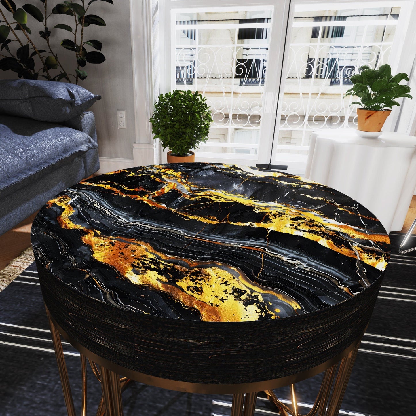 Black & Gold Marble Pattern Accent Table | 14_ Diameter, 17_ High| Round End Table, UV Print Side Table, Wood and Metal Construction