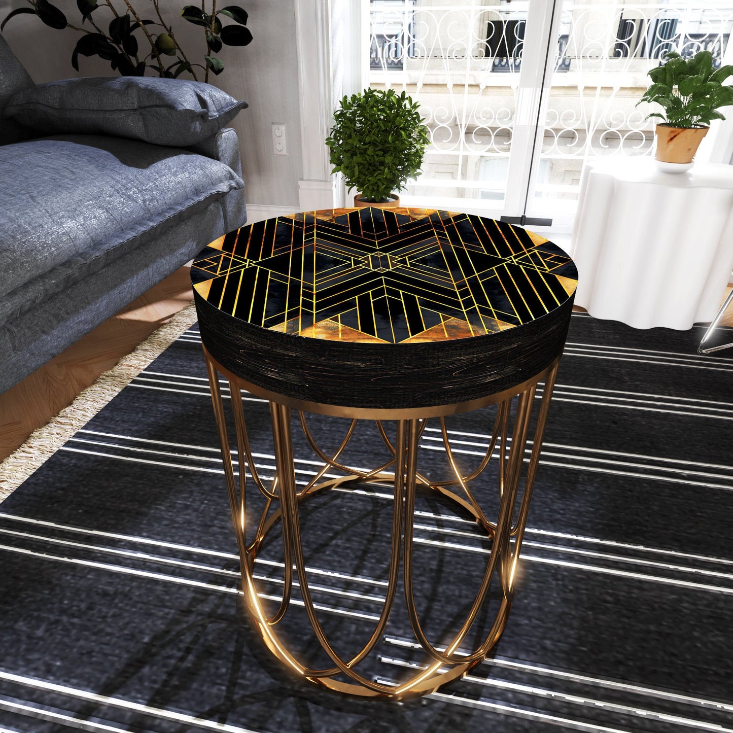 Black & Gold Geometric Accent Table - 14_ Round End Table for Indoor , UV Print Side Table, Wood and Metal Construction