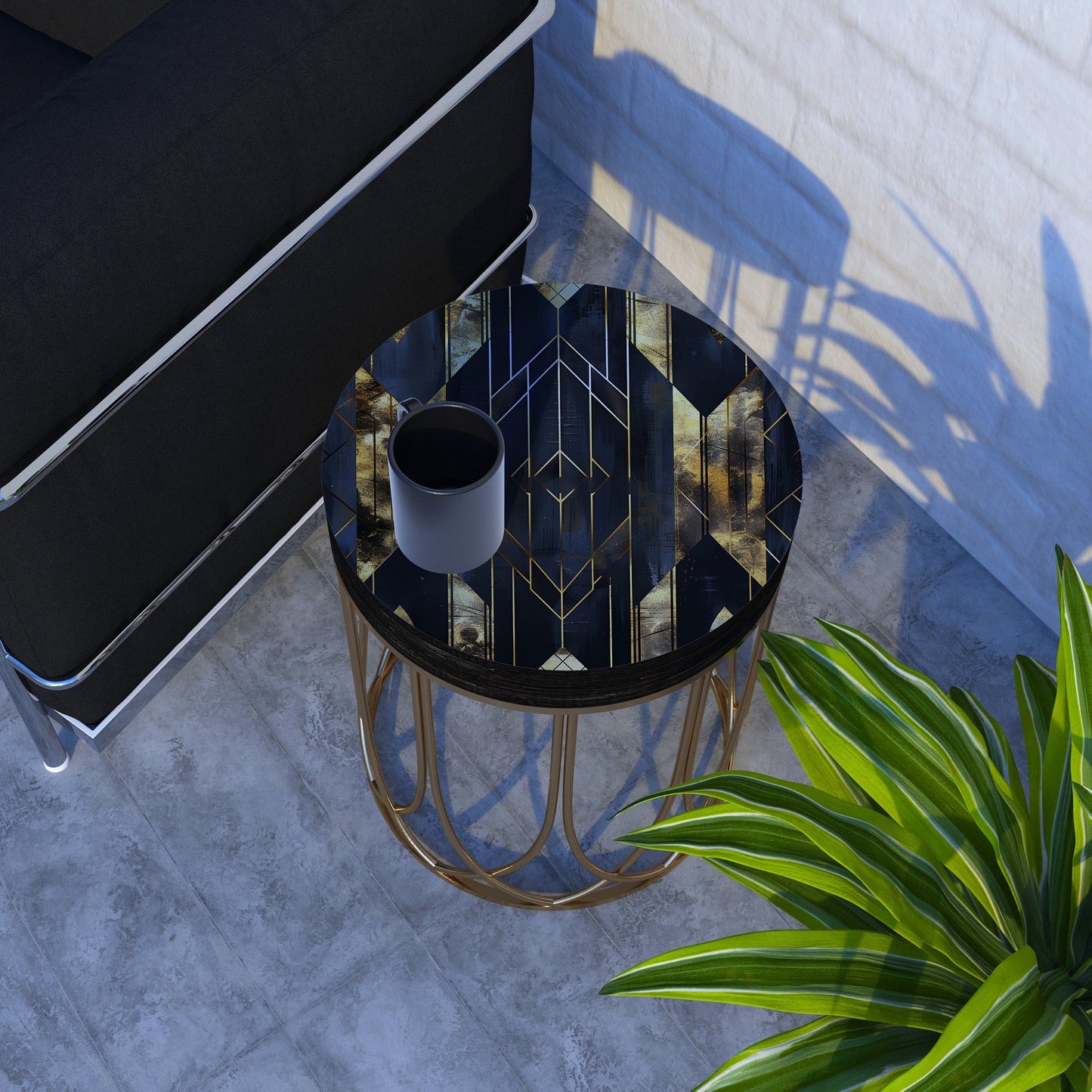Black & Gold Geometric Accent Table | 14_ Round End Table for Indoor , UV Print Side Table, Wood and Metal Construction