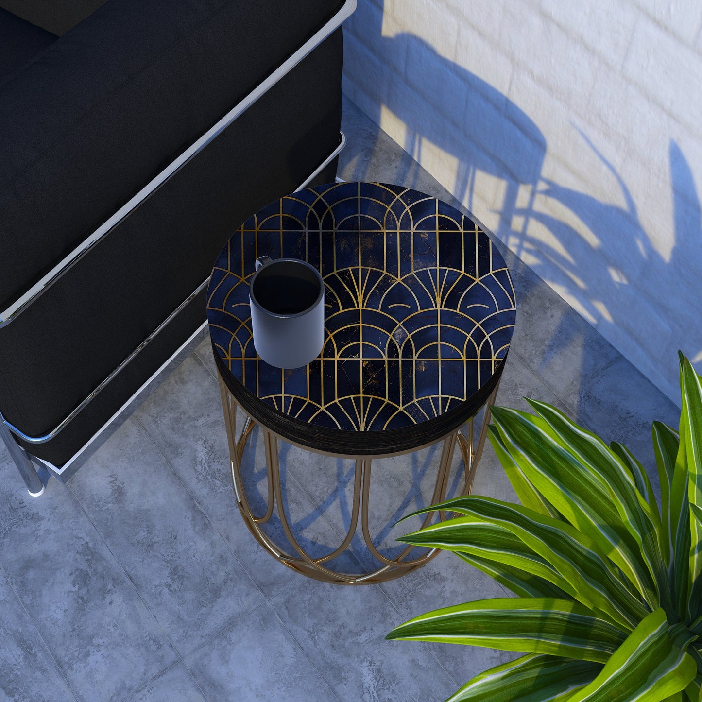 Black & Gold Geometric Accent Table | 14_ Round End Table for Indoor | UV Print Side Table, Wood and Metal Construction