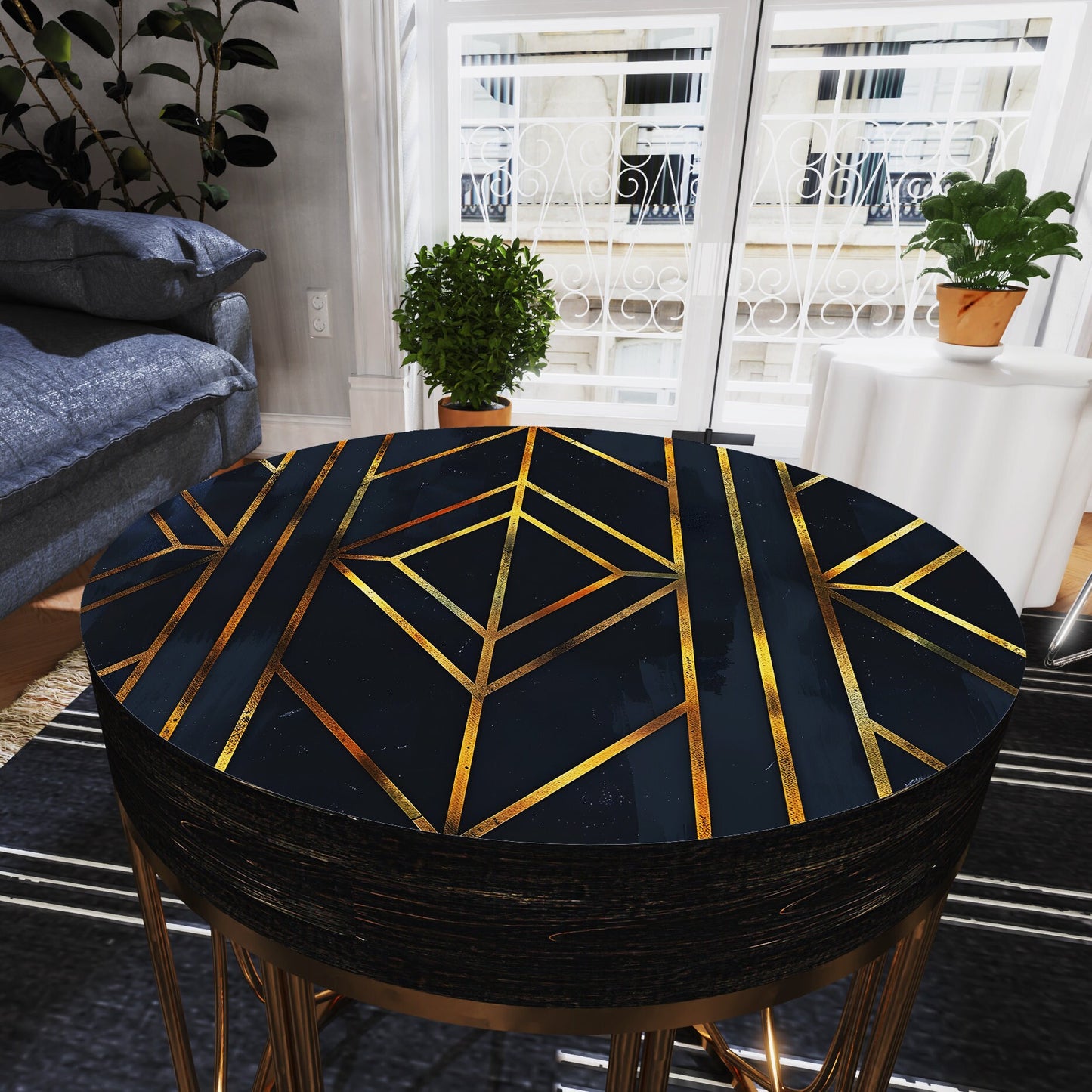Black & Gold Geometric Accent Table - 14_ Round End Table for Indoor Outdoor | UV Print Side Table| Wood and Metal Construction