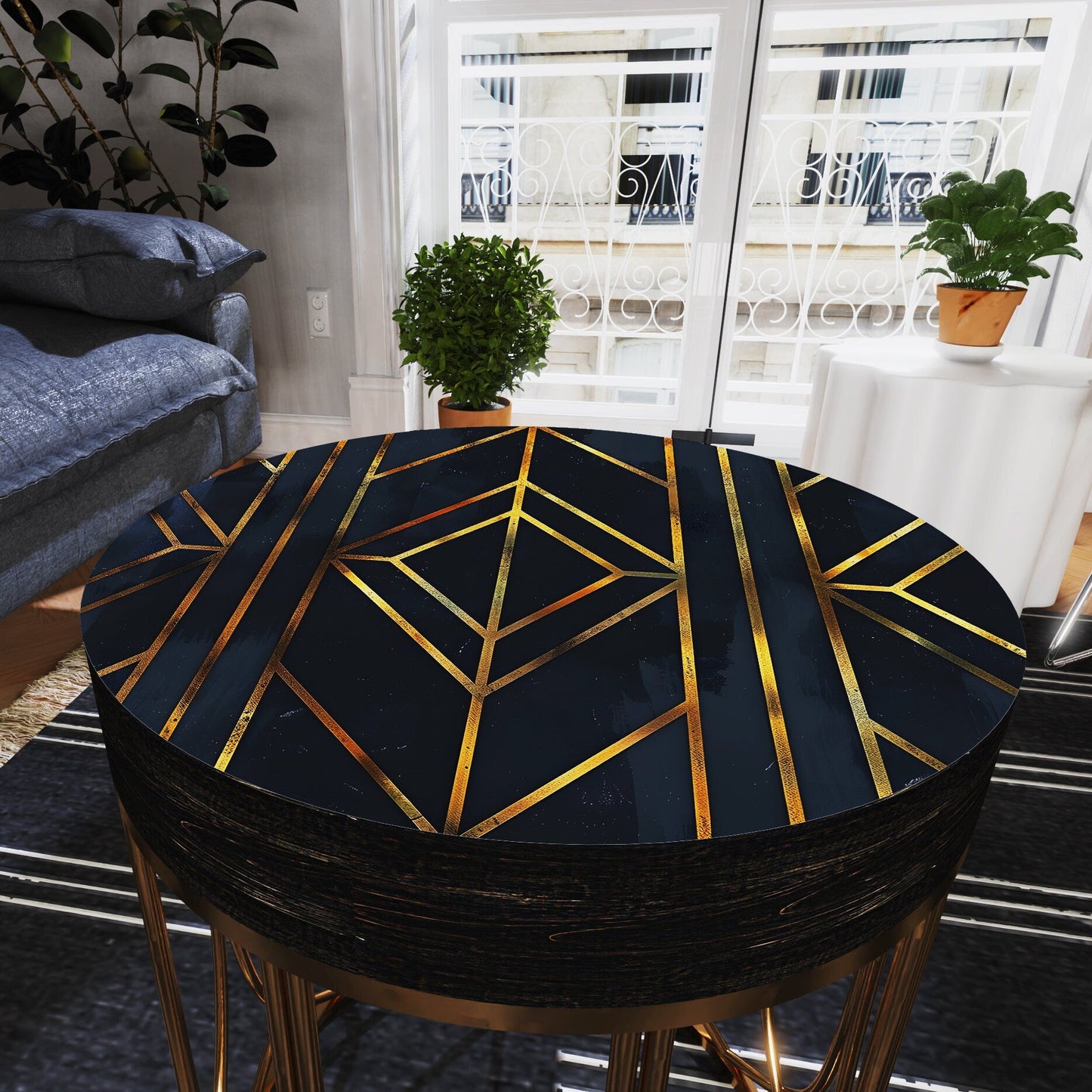 Black & Gold Geometric Accent Table - 14_ Round End Table for Indoor | UV Print Side Table| Wood and Metal Construction