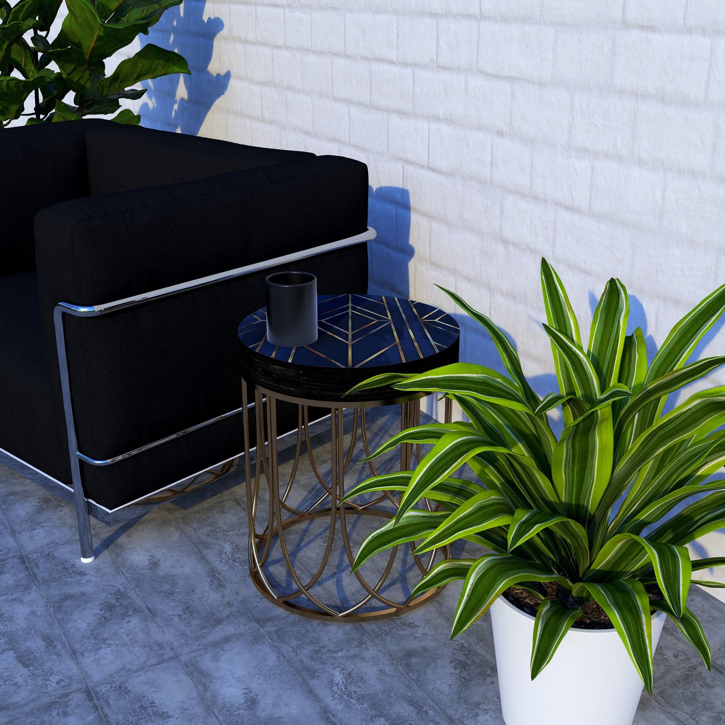 Black & Gold Geometric Accent Table - 14_ Round End Table for Indoor | UV Print Side Table| Wood and Metal Construction