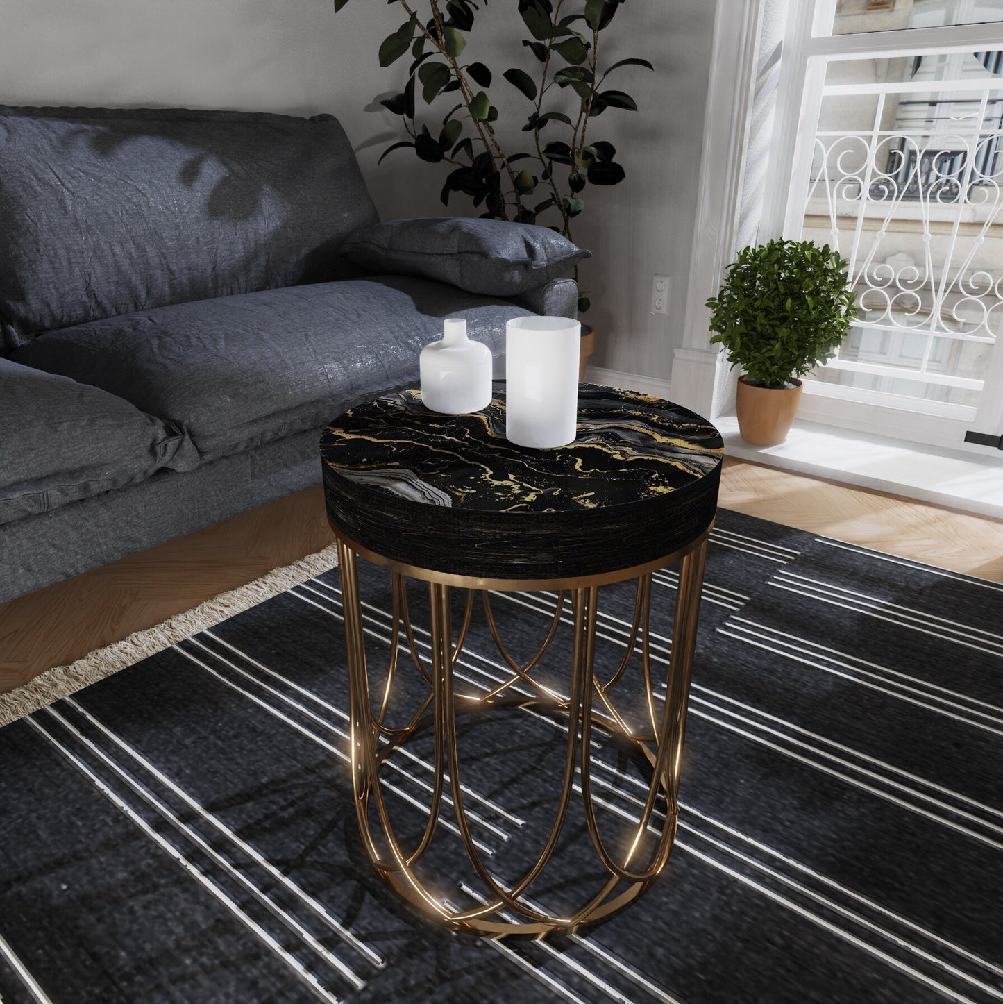 Black & Gold Marble Pattern Accent Table, 14_ Diameter, 17_ High, Round End Table, UV Print Side Table, Wood and Metal Construction