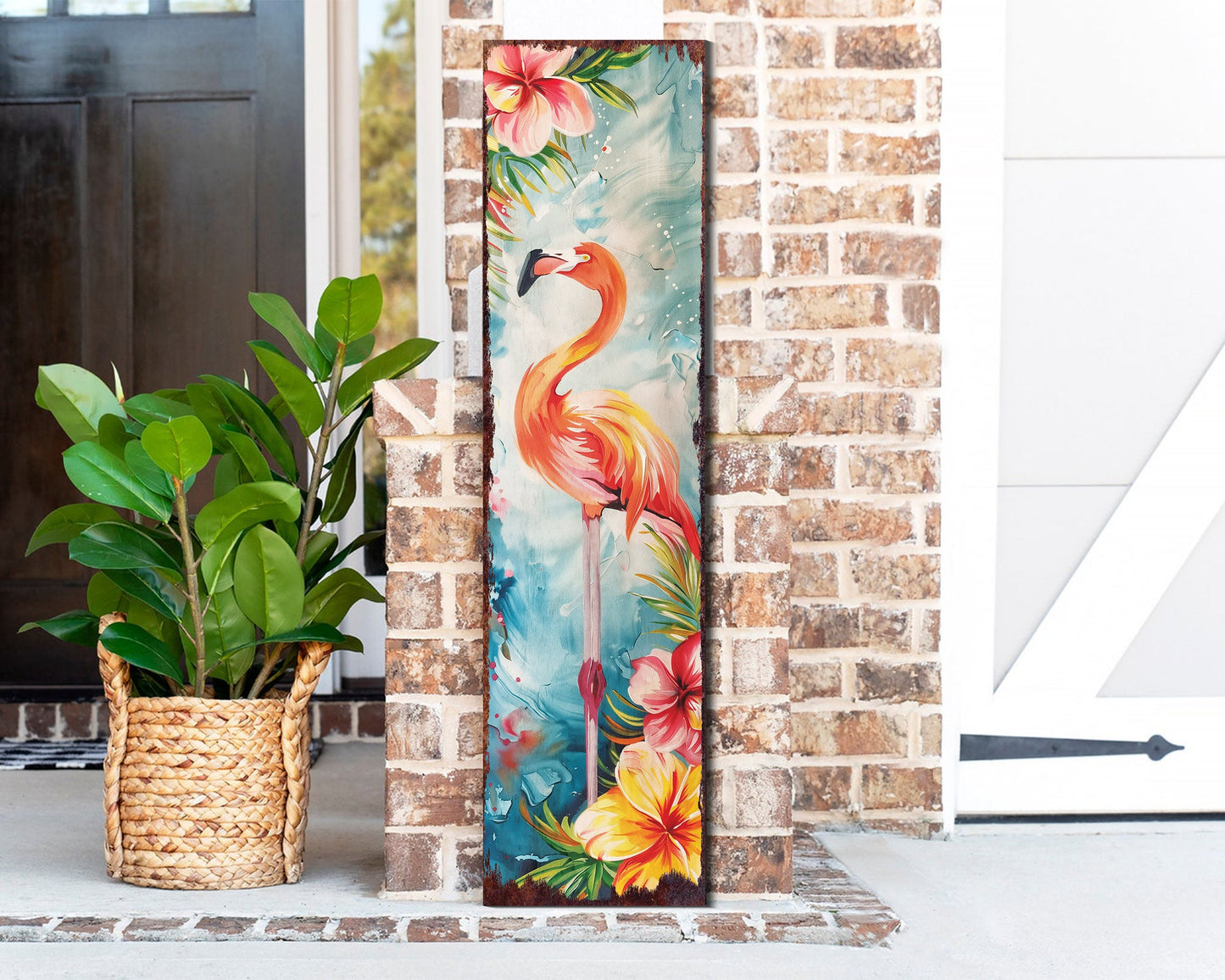36in Summer Watercolor Flamingo Porch Sign - Farmhouse Decor for Door, Wall, Outdoor Entryway - UV Protected & Sealed