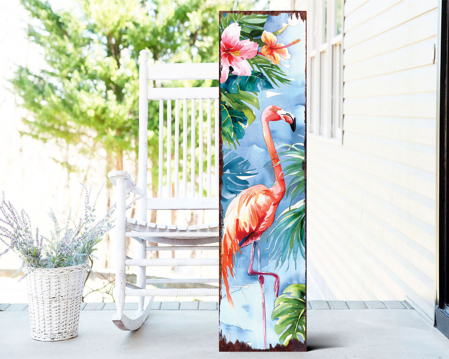 36in Summer Watercolor Flamingo Porch Sign - Farmhouse Rustic Decor for Door, Wall, Outdoor Entryway - UV Protected & Sealed